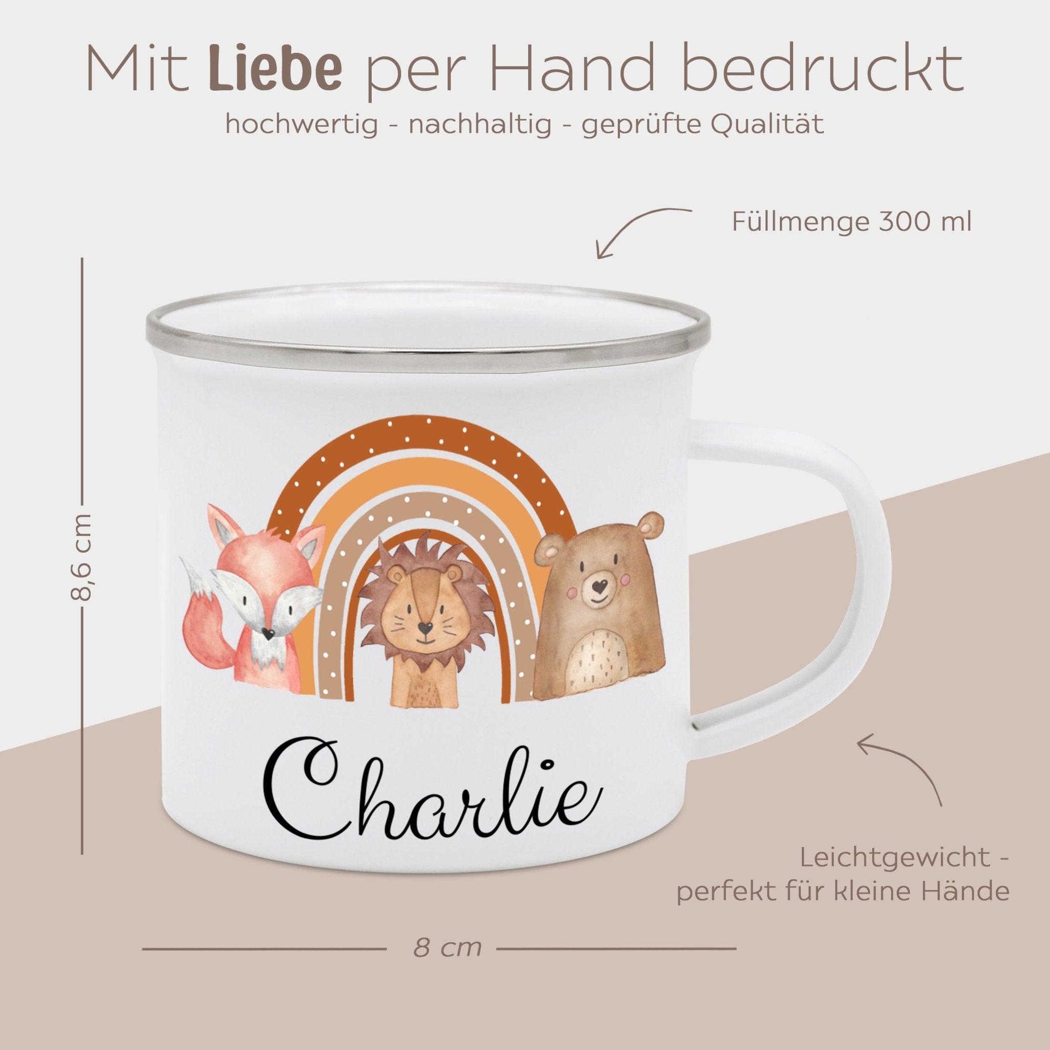 Emaille Kindertasse personalisiert - Fuchs, Löwe, Bär Regenbogen Aquarell - wunderwunsch