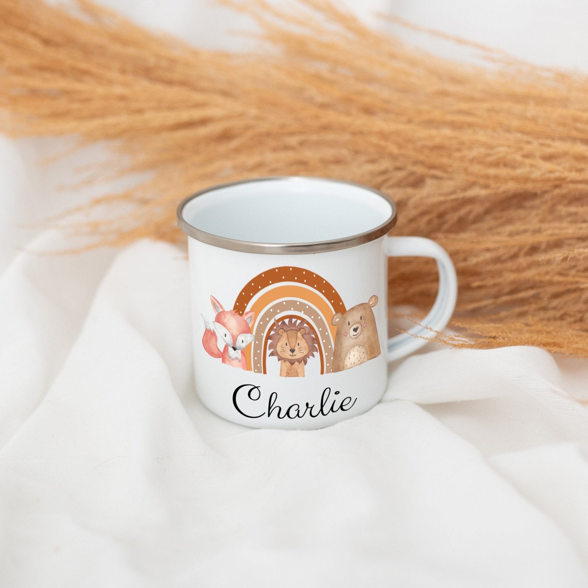 Emaille Kindertasse personalisiert - Fuchs, Löwe, Bär Regenbogen Aquarell - wunderwunsch