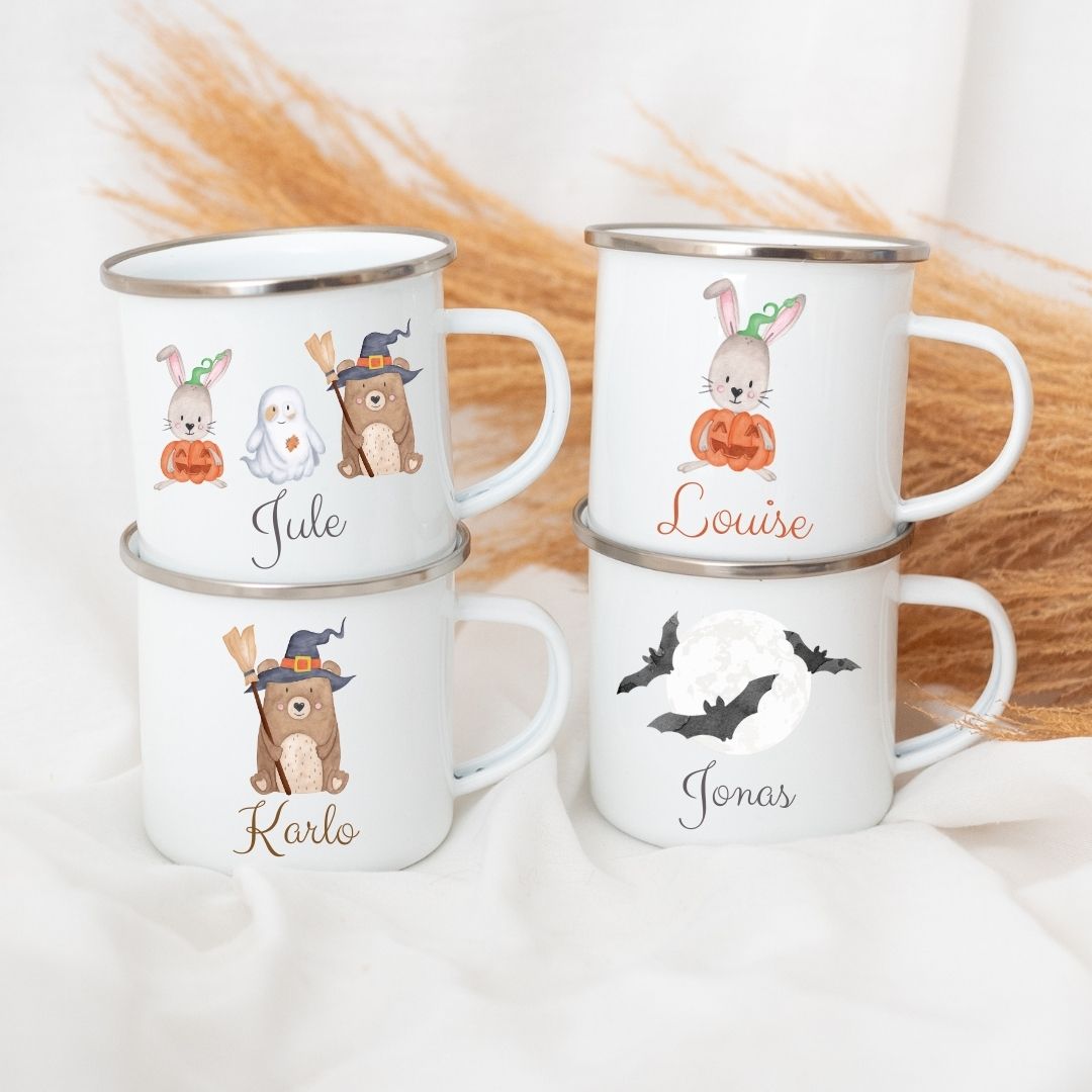 Emaille Kindertasse personalisiert - Halloween Aquarell - wunderwunsch