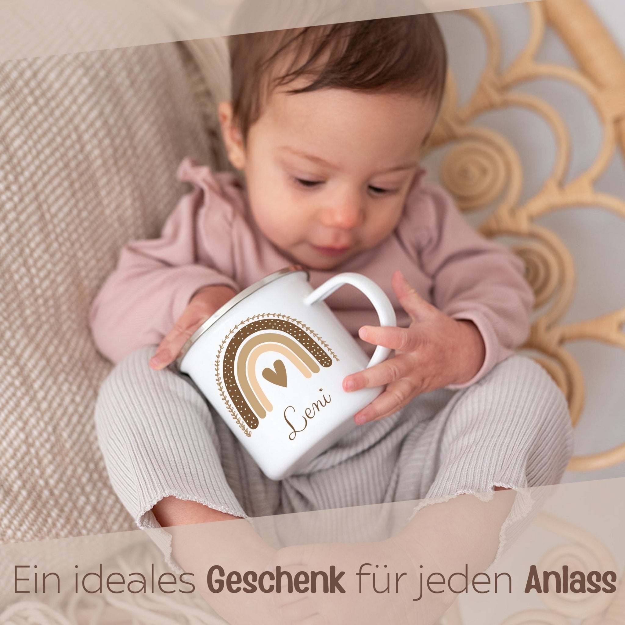 Emaille Kindertasse personalisiert - Regenbogen beige Aquarell - wunderwunsch