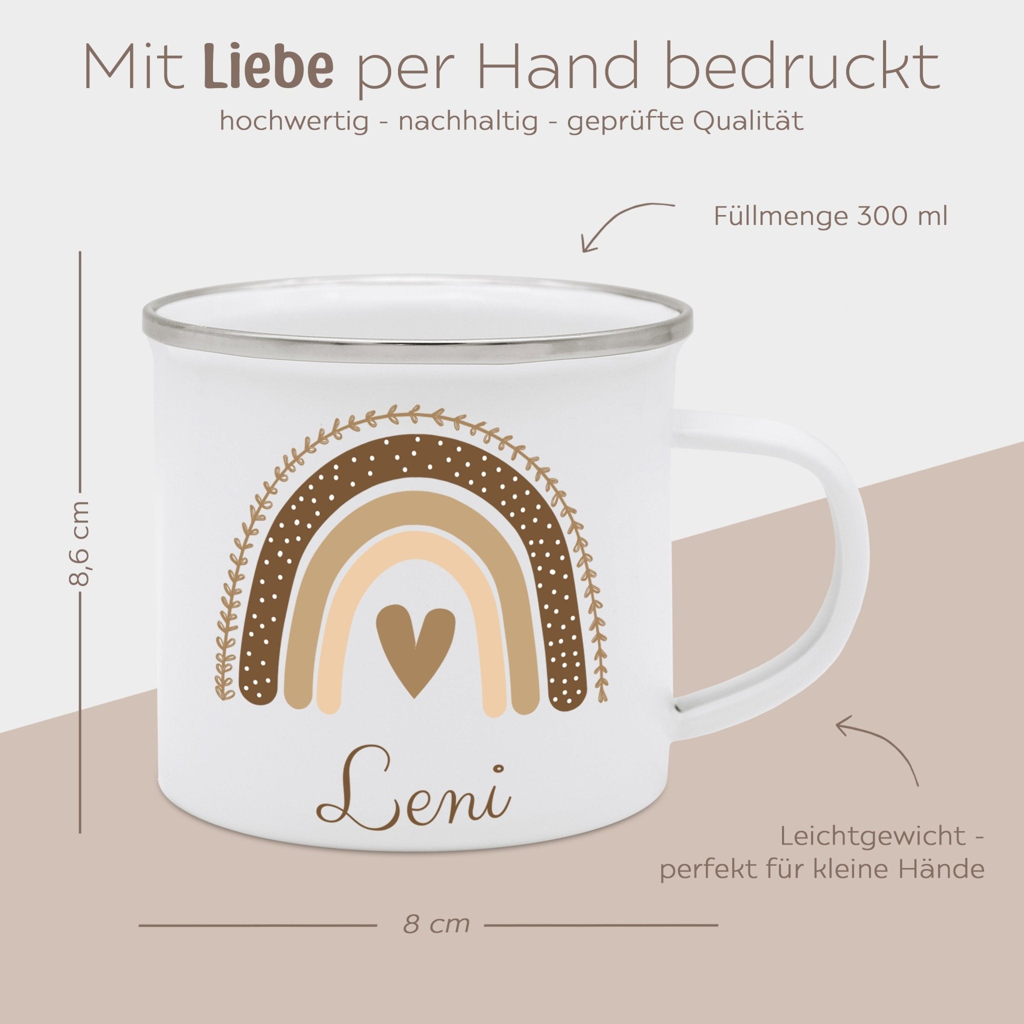 Emaille Kindertasse personalisiert - Regenbogen beige Aquarell - wunderwunsch