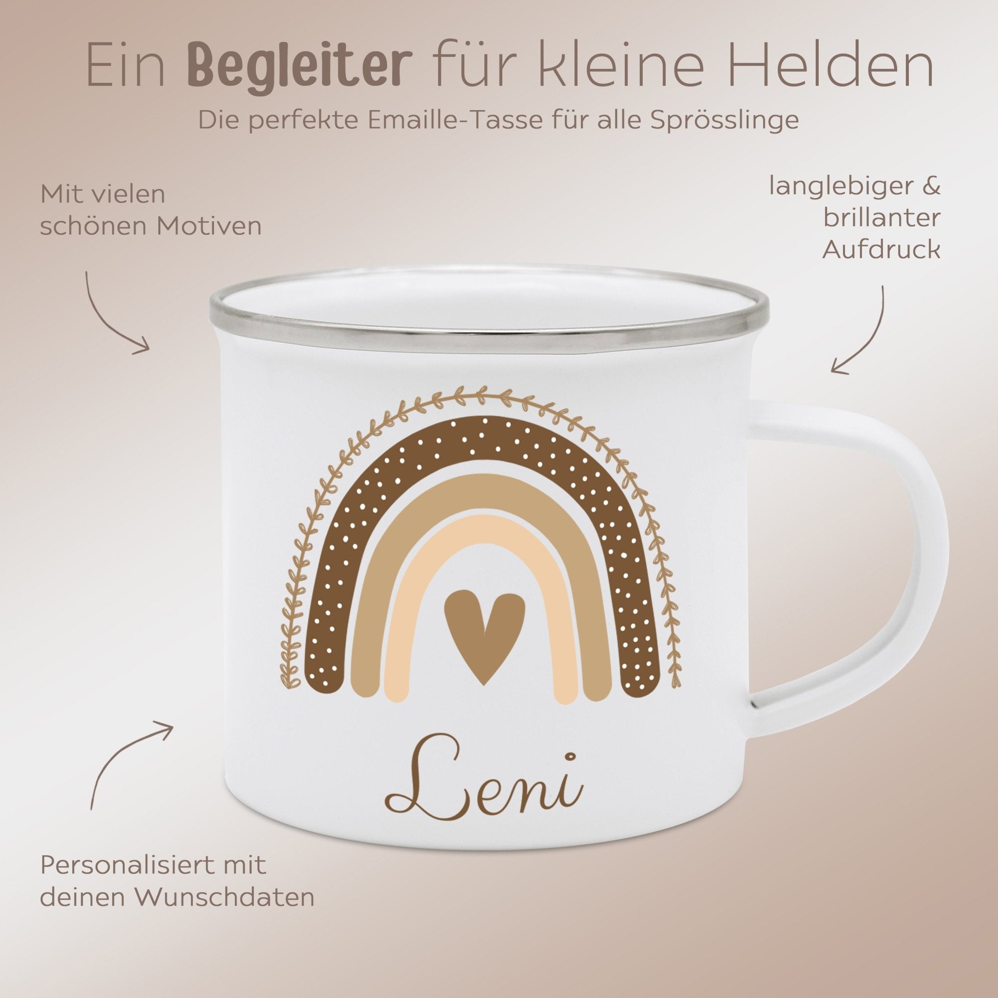 Emaille Kindertasse personalisiert - Regenbogen beige Aquarell - wunderwunsch