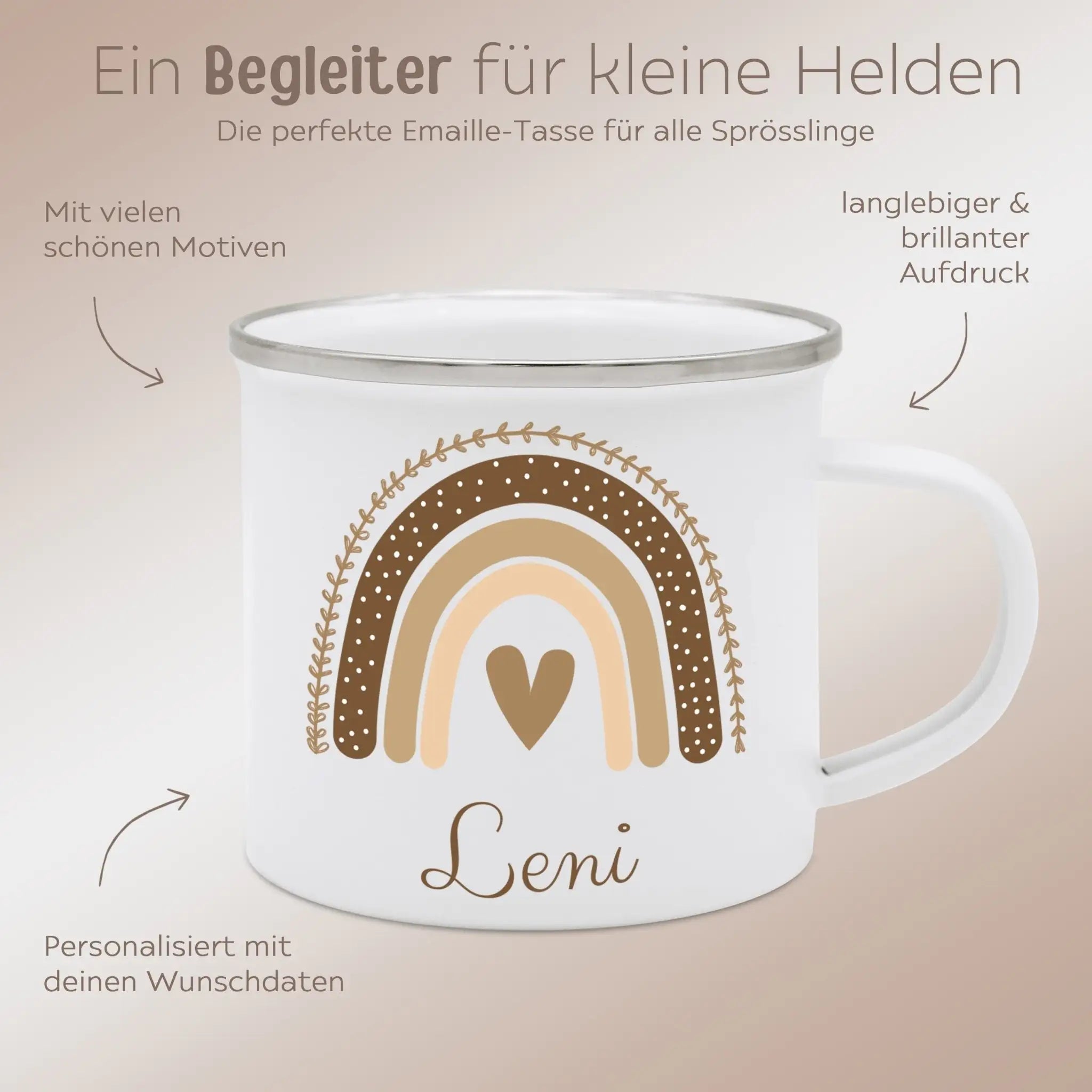 Emaille Kindertasse personalisiert - Regenbogen Boho beige Aquarell - wunderwunsch