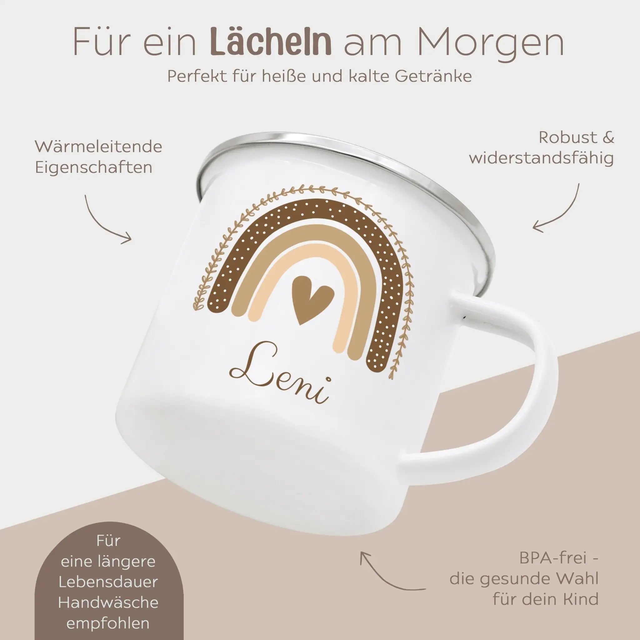 Emaille Kindertasse personalisiert - Regenbogen Boho beige Aquarell - wunderwunsch