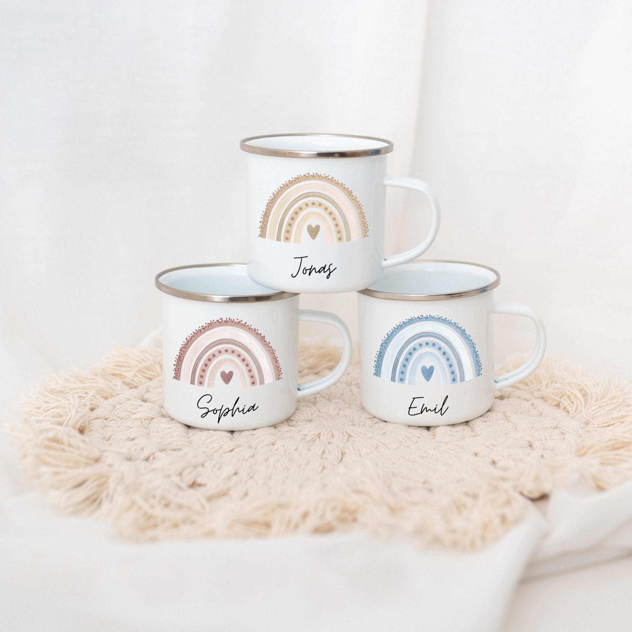 Emaille Kindertasse personalisiert - Regenbogen Punkte Aquarell - wunderwunsch