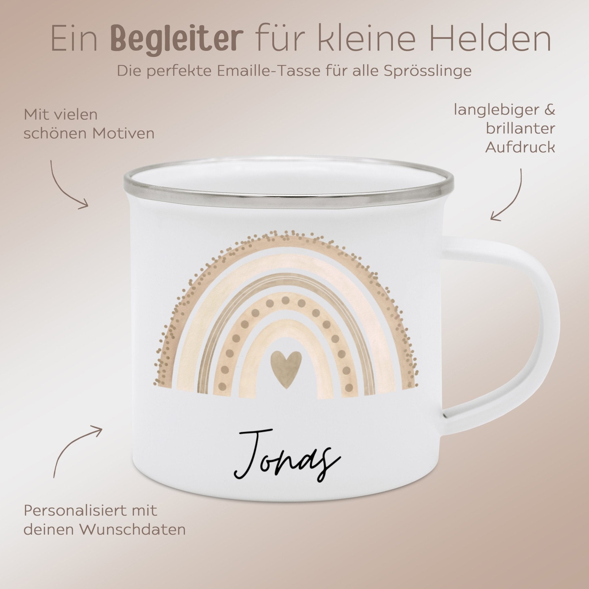Emaille Kindertasse personalisiert - Regenbogen Punkte Aquarell - wunderwunsch