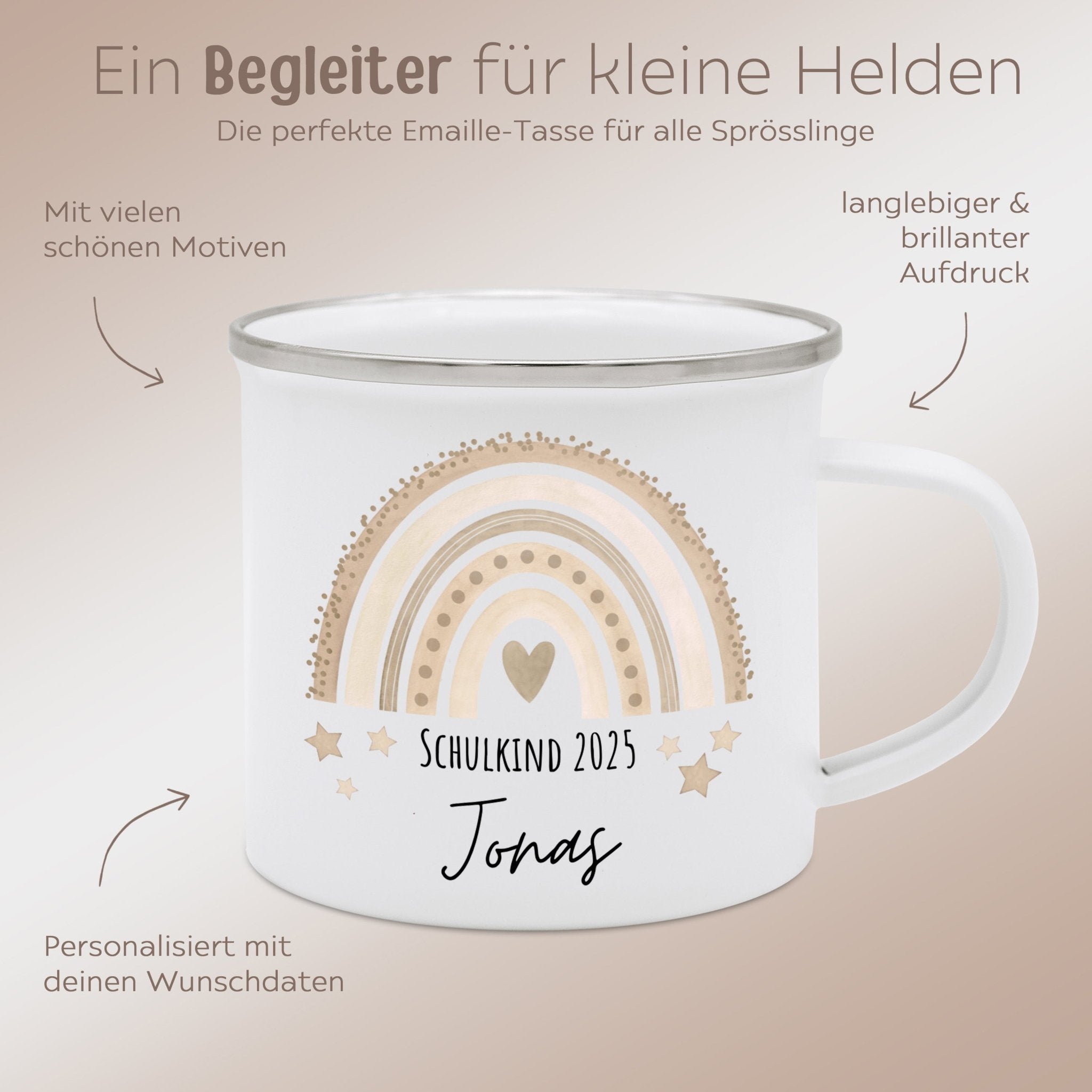 Emaille Kindertasse personalisiert - "Schulkind 2025" Regenbogen Punkte Aquarell - wunderwunsch