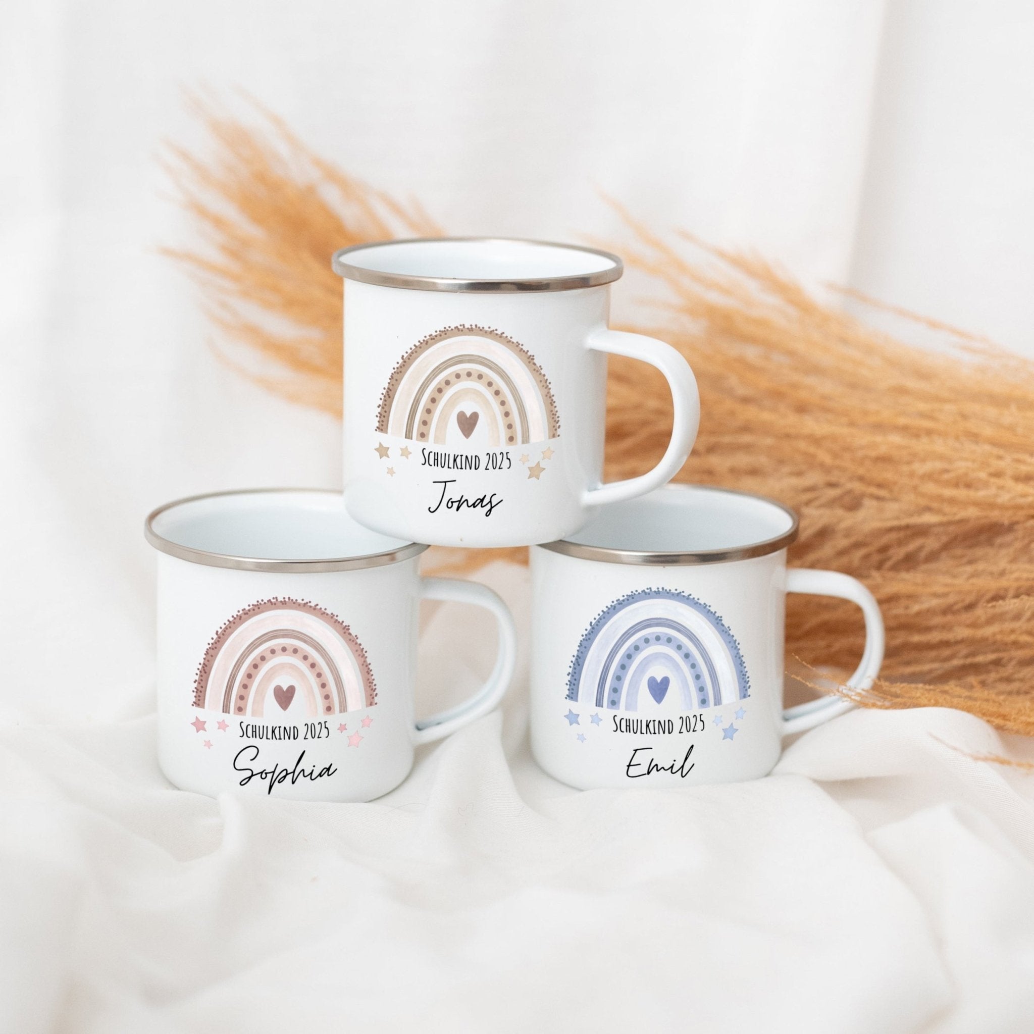 Emaille Kindertasse personalisiert - "Schulkind 2025" Regenbogen Punkte Aquarell - wunderwunsch