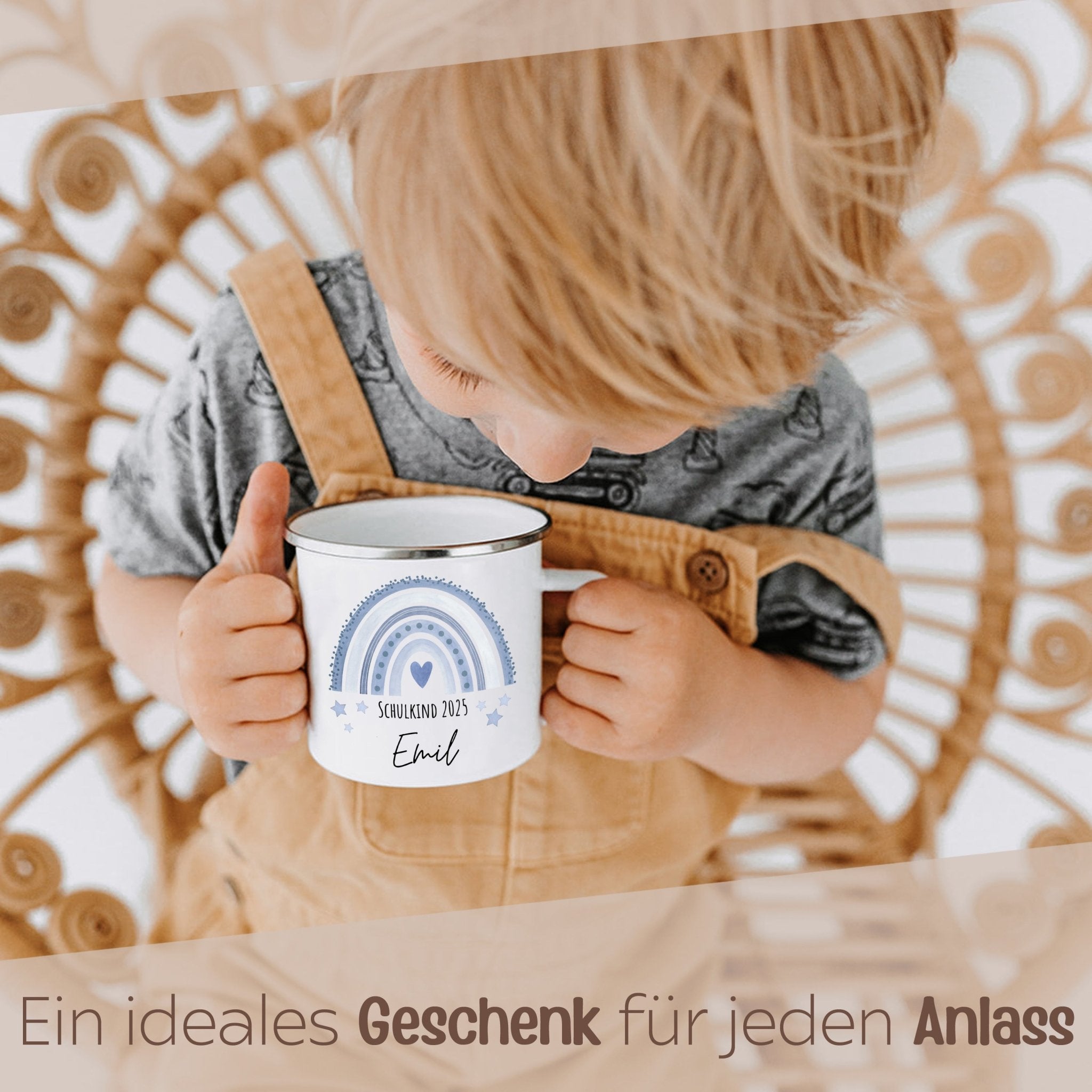 Emaille Kindertasse personalisiert - "Schulkind 2025" Regenbogen Punkte Aquarell - wunderwunsch