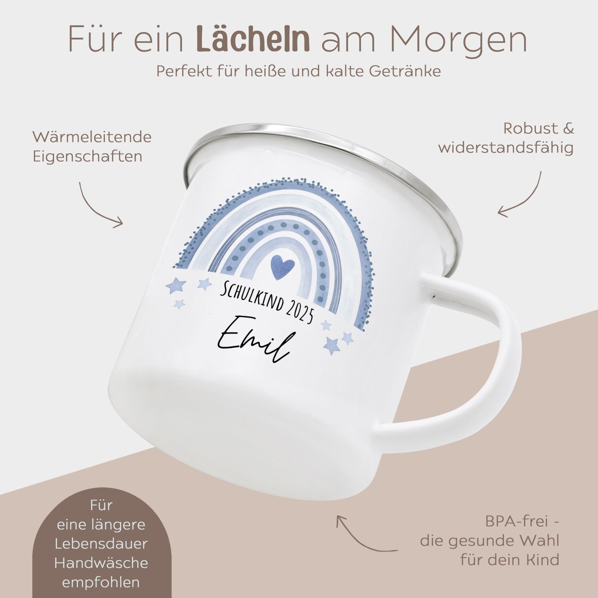 Emaille Kindertasse personalisiert - "Schulkind 2025" Regenbogen Punkte Aquarell - wunderwunsch