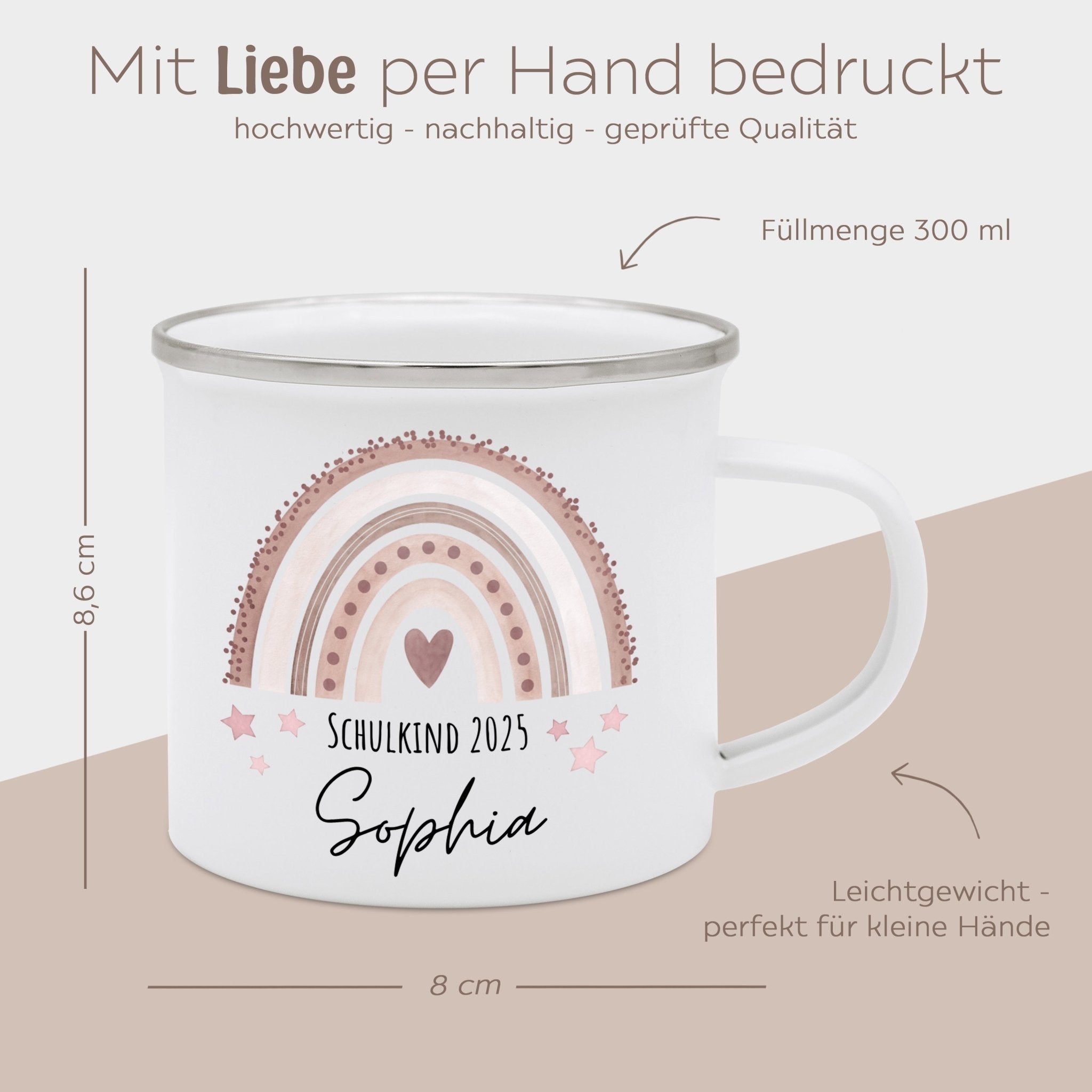 Emaille Kindertasse personalisiert - "Schulkind 2025" Regenbogen Punkte Aquarell - wunderwunsch