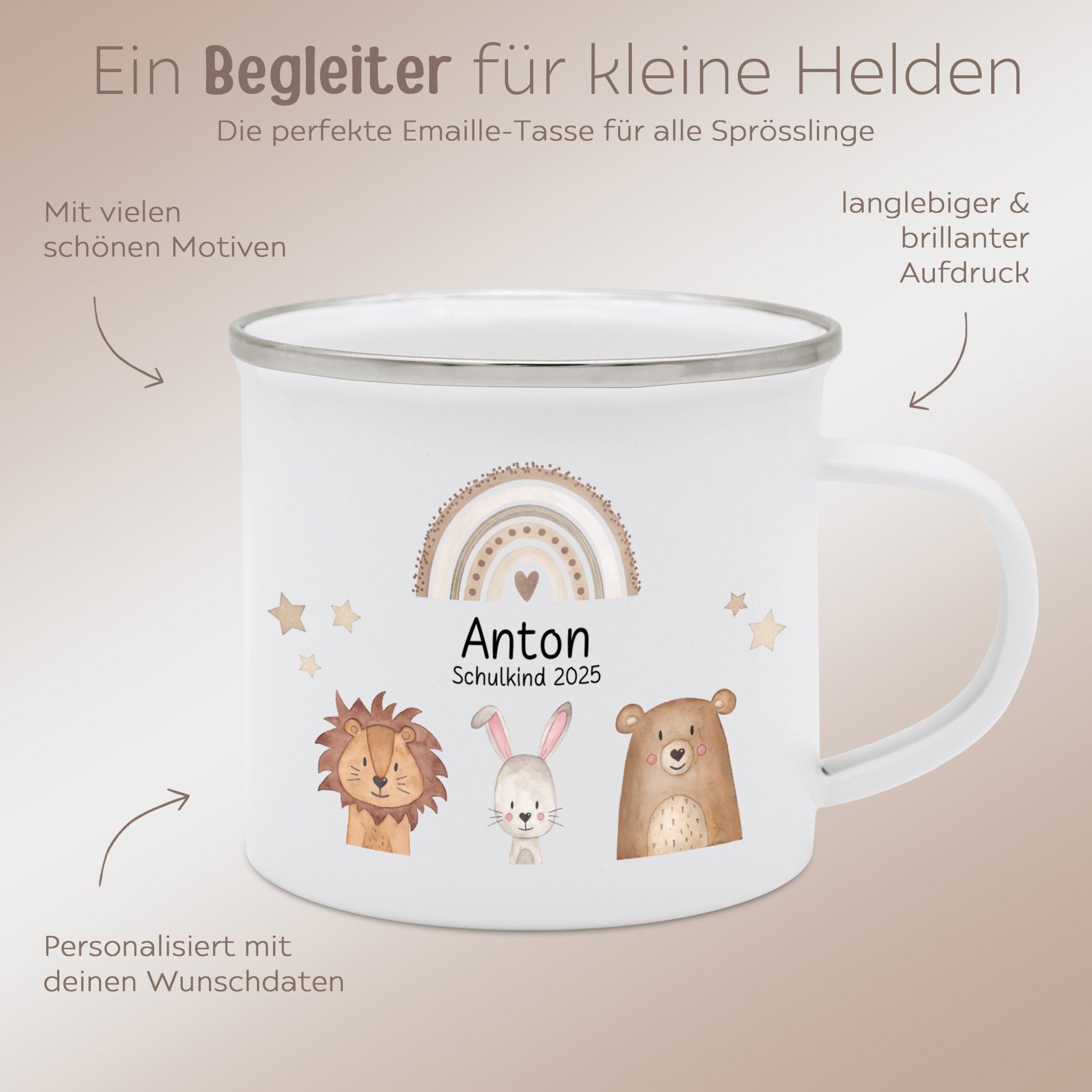Emaille Kindertasse personalisiert - "Schulkind 2025" Tiere Trio Regenbogen Sterne - wunderwunsch