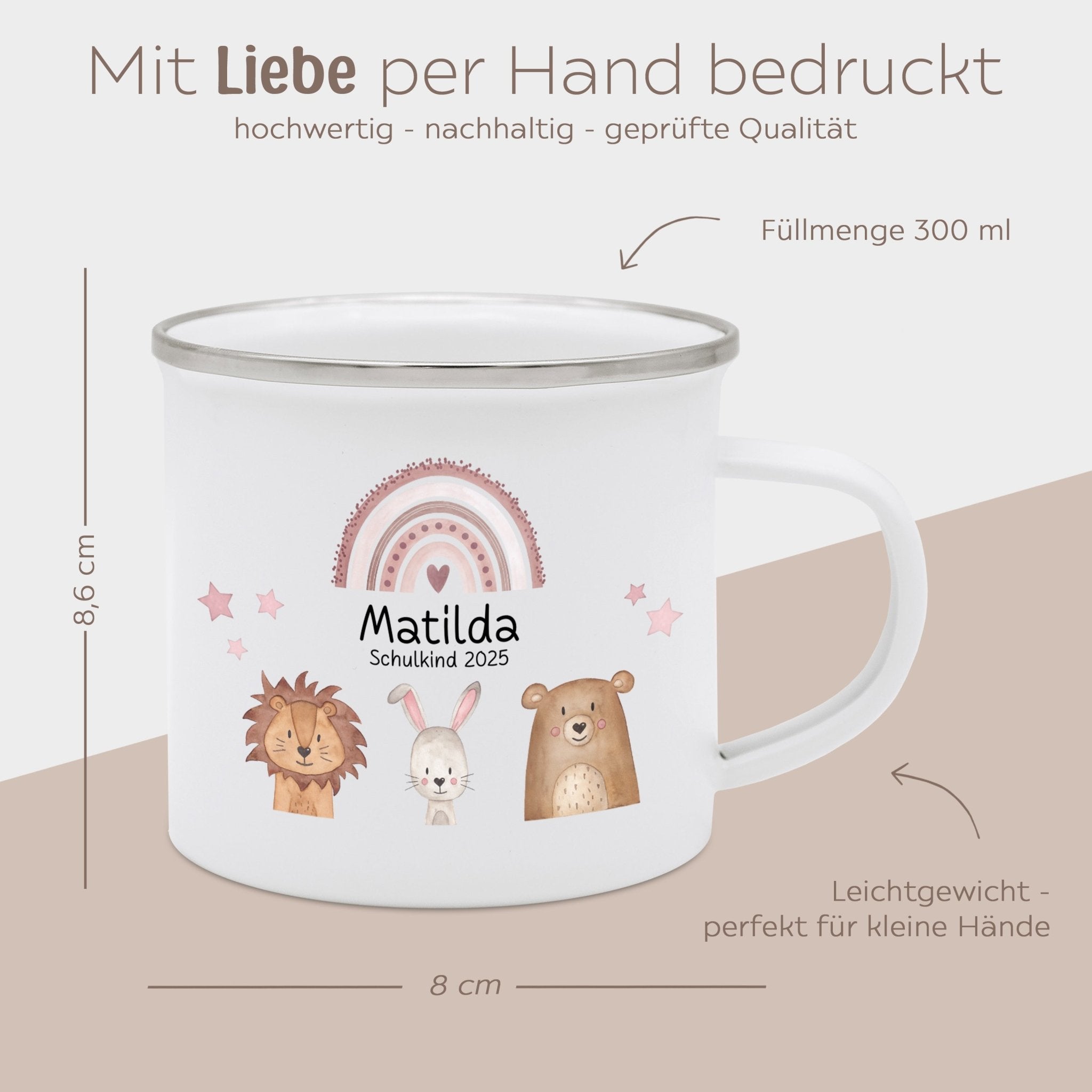 Emaille Kindertasse personalisiert - "Schulkind 2025" Tiere Trio Regenbogen Sterne - wunderwunsch