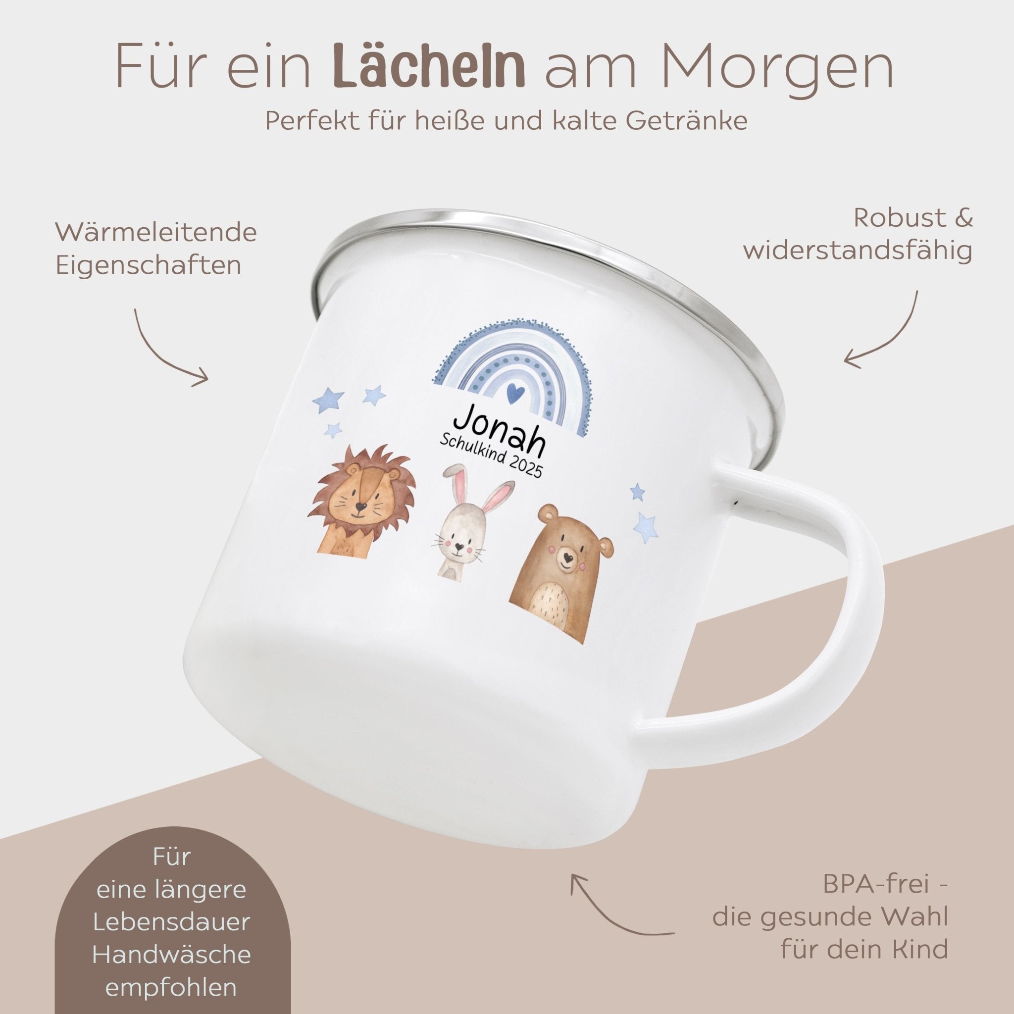 Emaille Kindertasse personalisiert - "Schulkind 2025" Tiere Trio Regenbogen Sterne - wunderwunsch