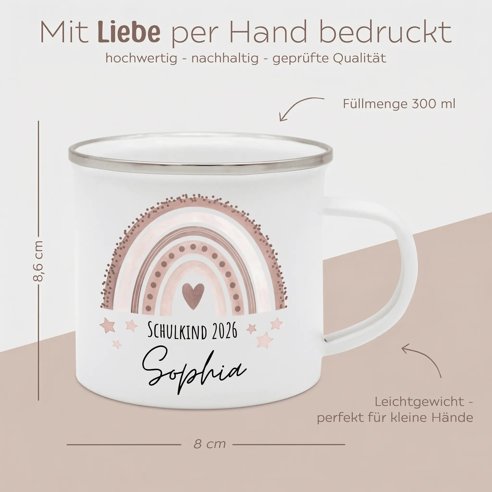 Emaille Kindertasse personalisiert - "Schulkind 2026" Regenbogen Punkte Aquarell - wunderwunsch