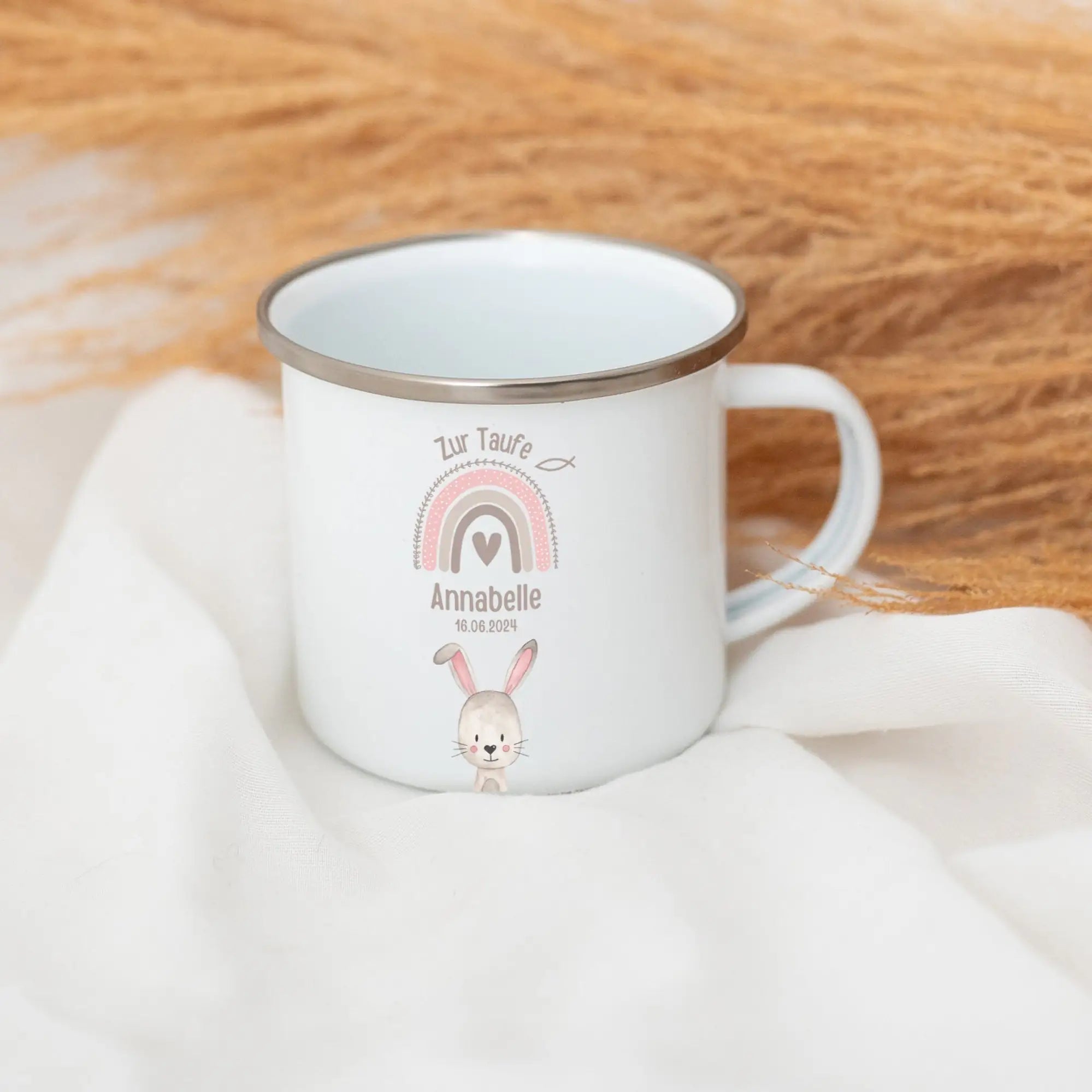 Emaille Kindertasse personalisiert - Taufe Tier Regenbogen - wunderwunsch