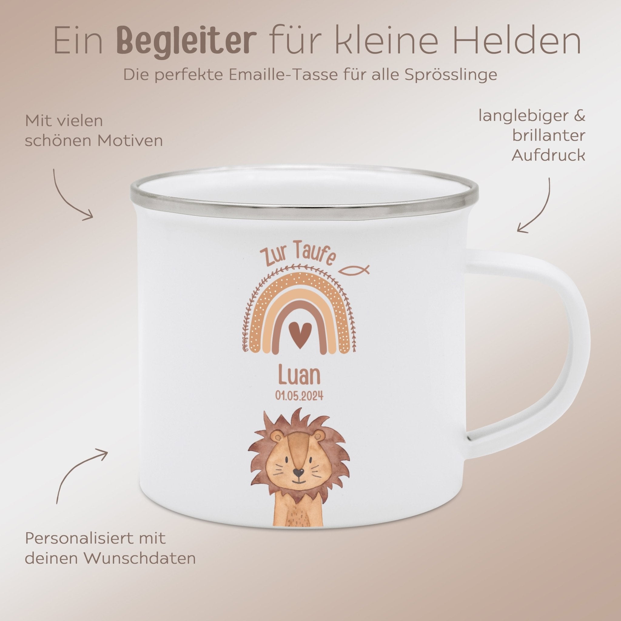 Emaille Kindertasse personalisiert - Taufe Tier Regenbogen - wunderwunsch