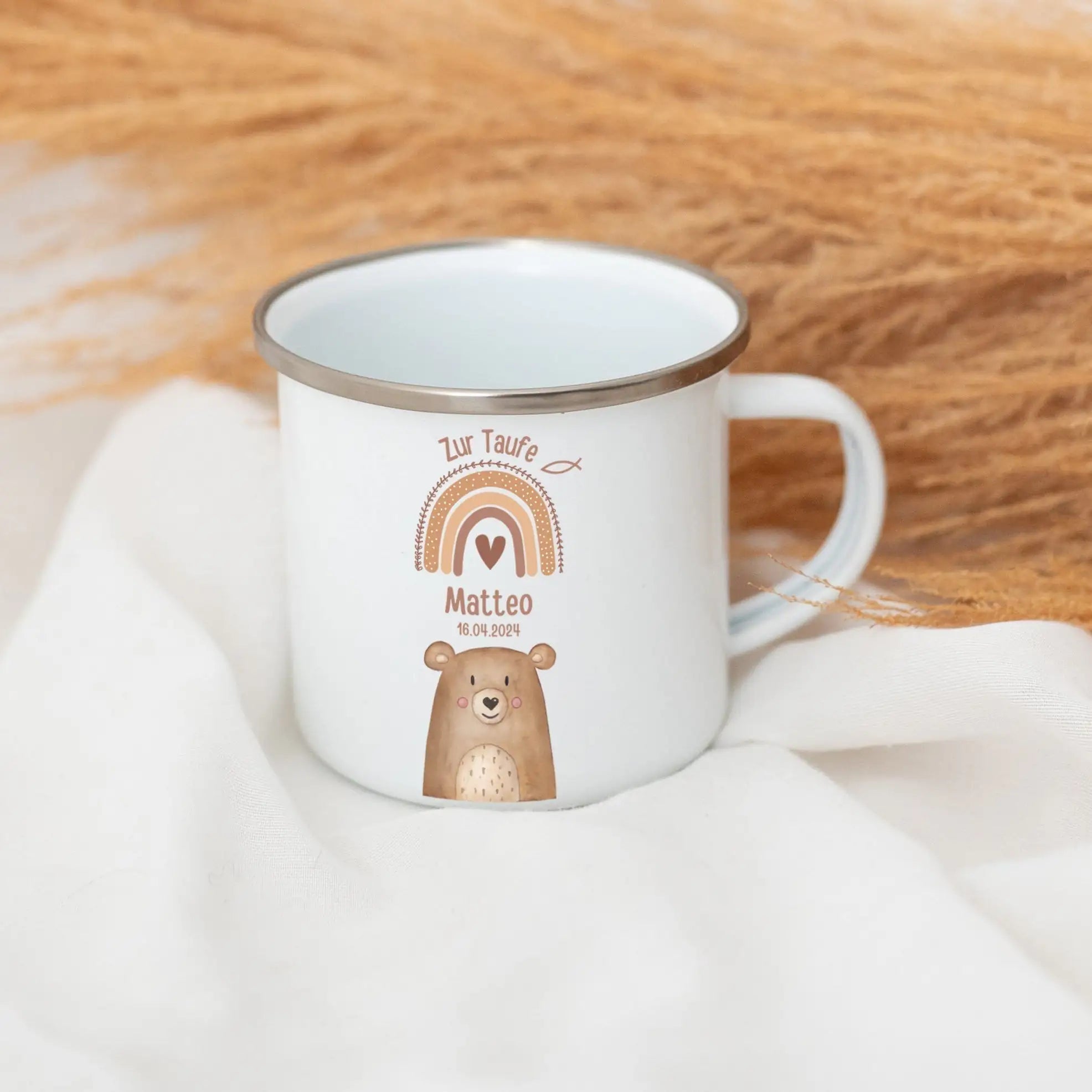Emaille Kindertasse personalisiert - Taufe Tier Regenbogen - wunderwunsch