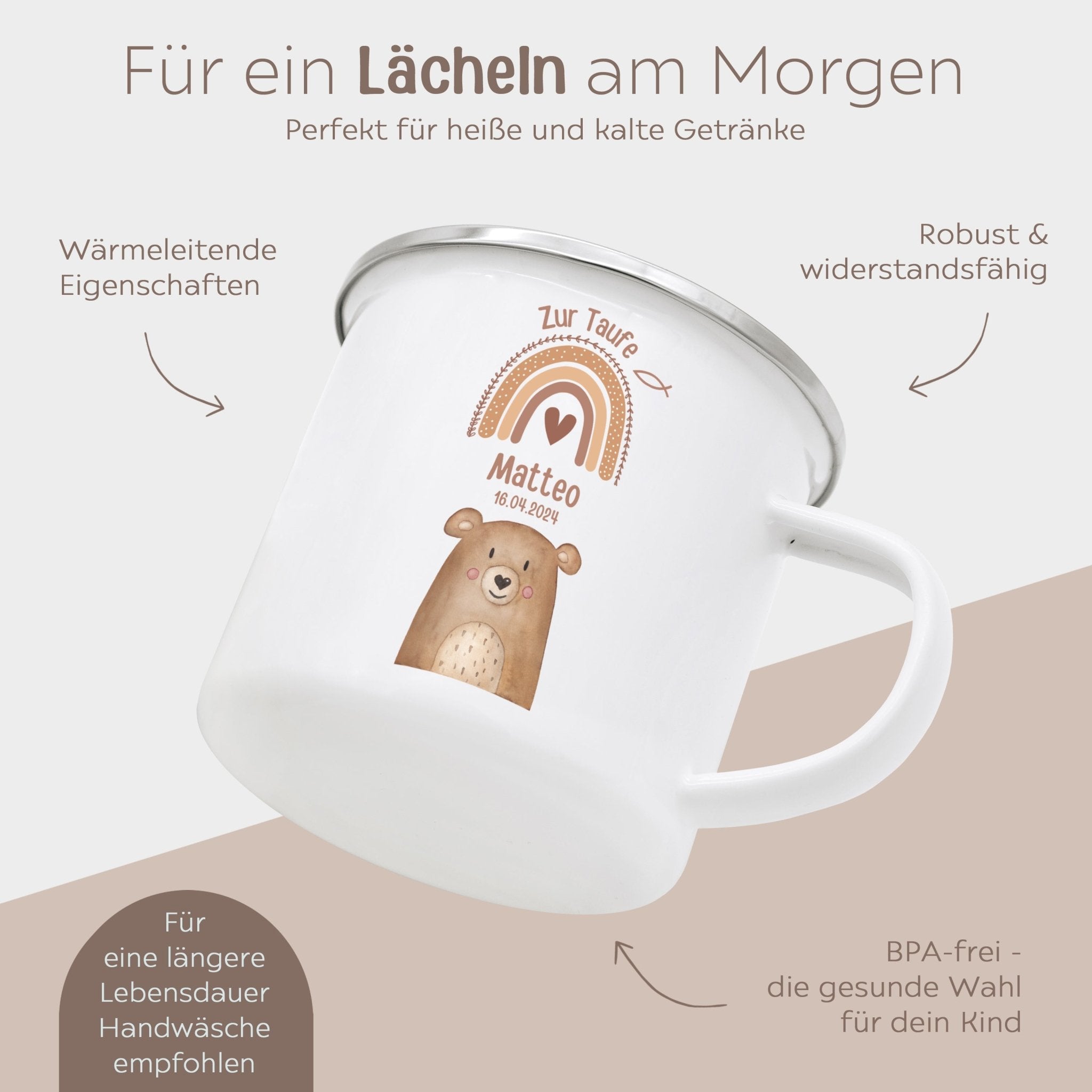 Emaille Kindertasse personalisiert - Taufe Tier Regenbogen - wunderwunsch