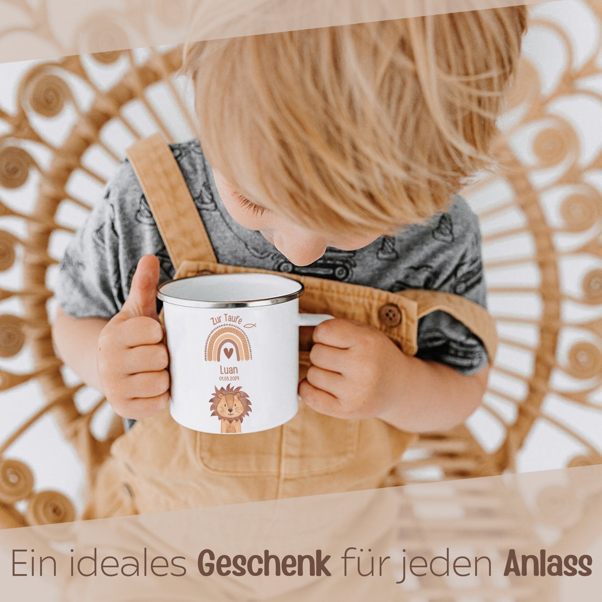 Emaille Kindertasse personalisiert - Taufe Tier Regenbogen - wunderwunsch