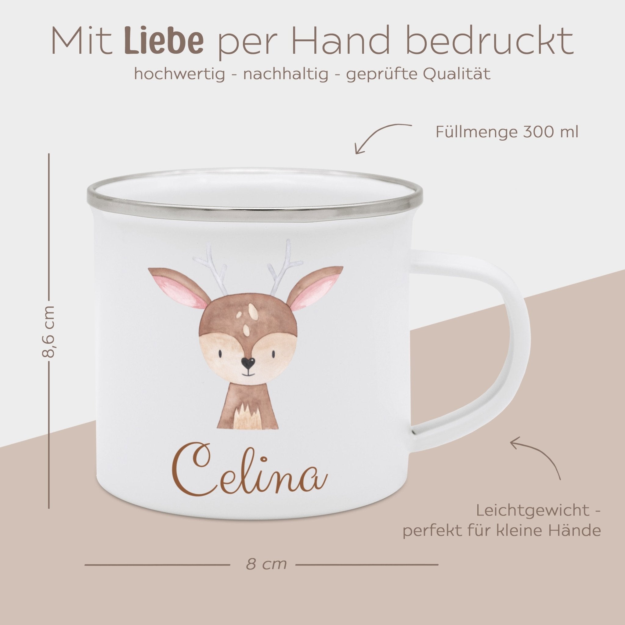 Emaille Kindertasse personalisiert - Tier Aquarell - wunderwunsch