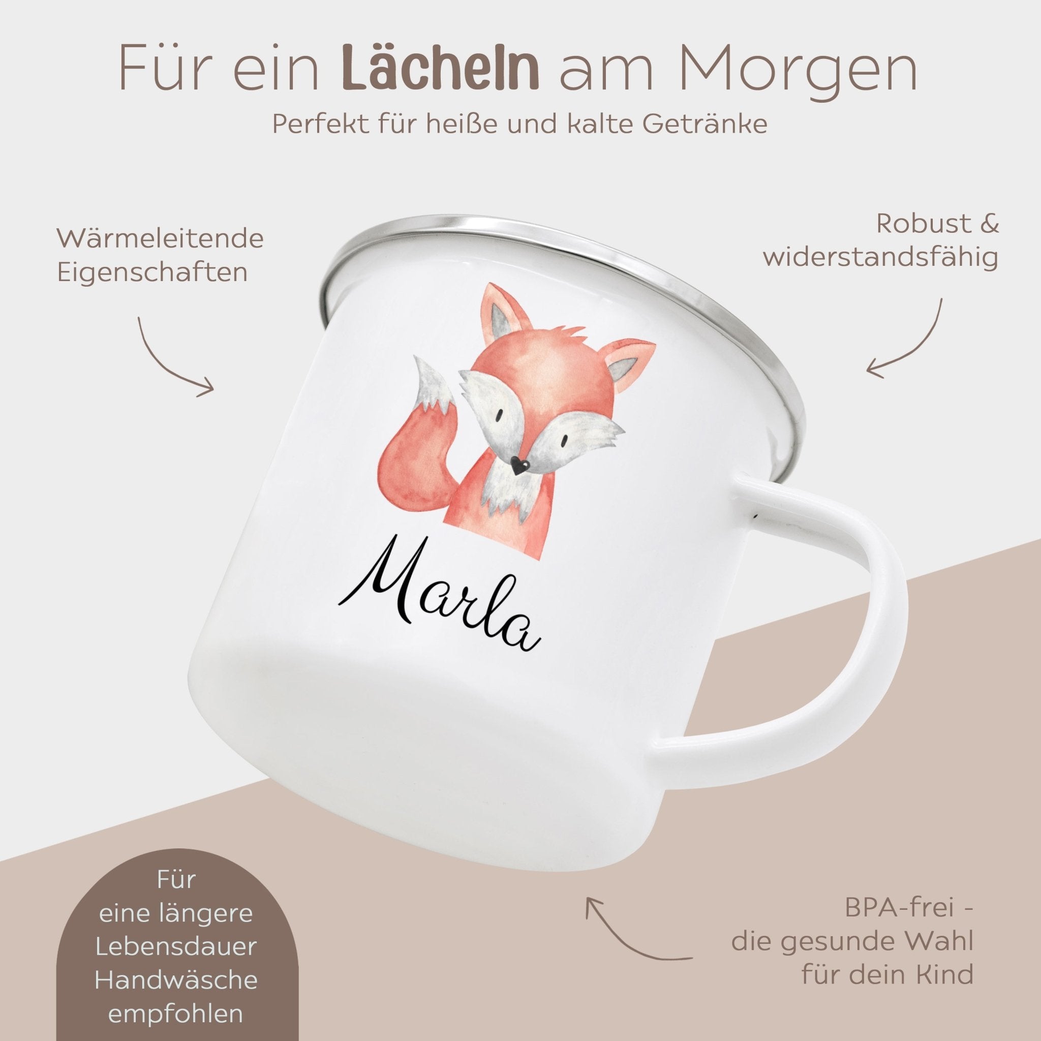 Emaille Kindertasse personalisiert - Tier Aquarell - wunderwunsch