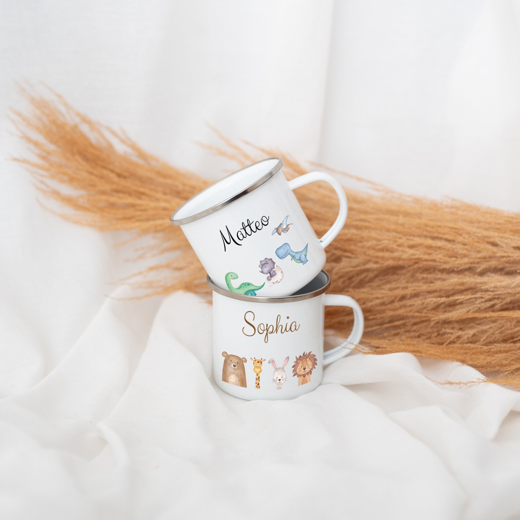 Emaille Kindertasse personalisiert - Tiere oder Dinos unten Aquarell - wunderwunsch