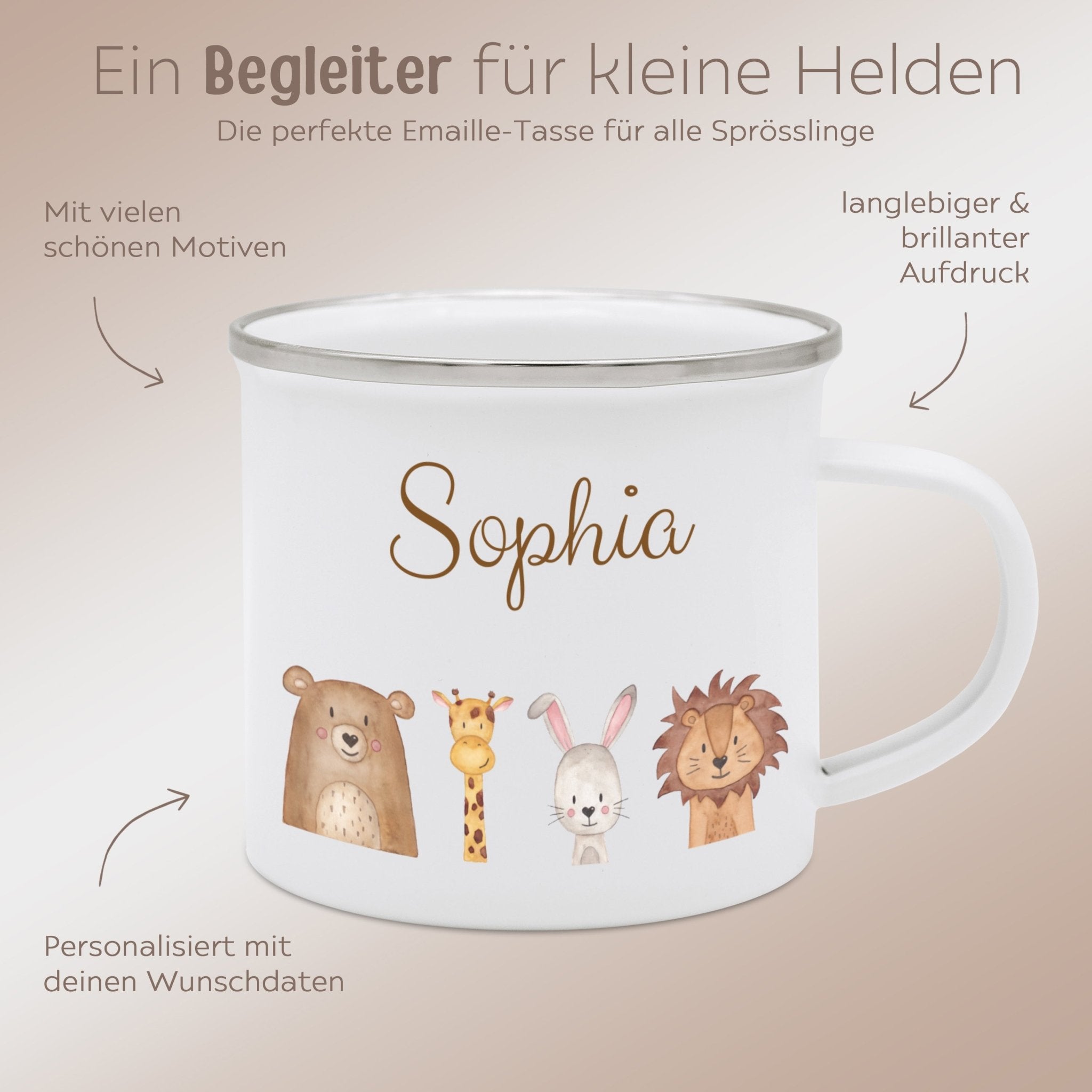 Emaille Kindertasse personalisiert - Tiere oder Dinos unten Aquarell - wunderwunsch