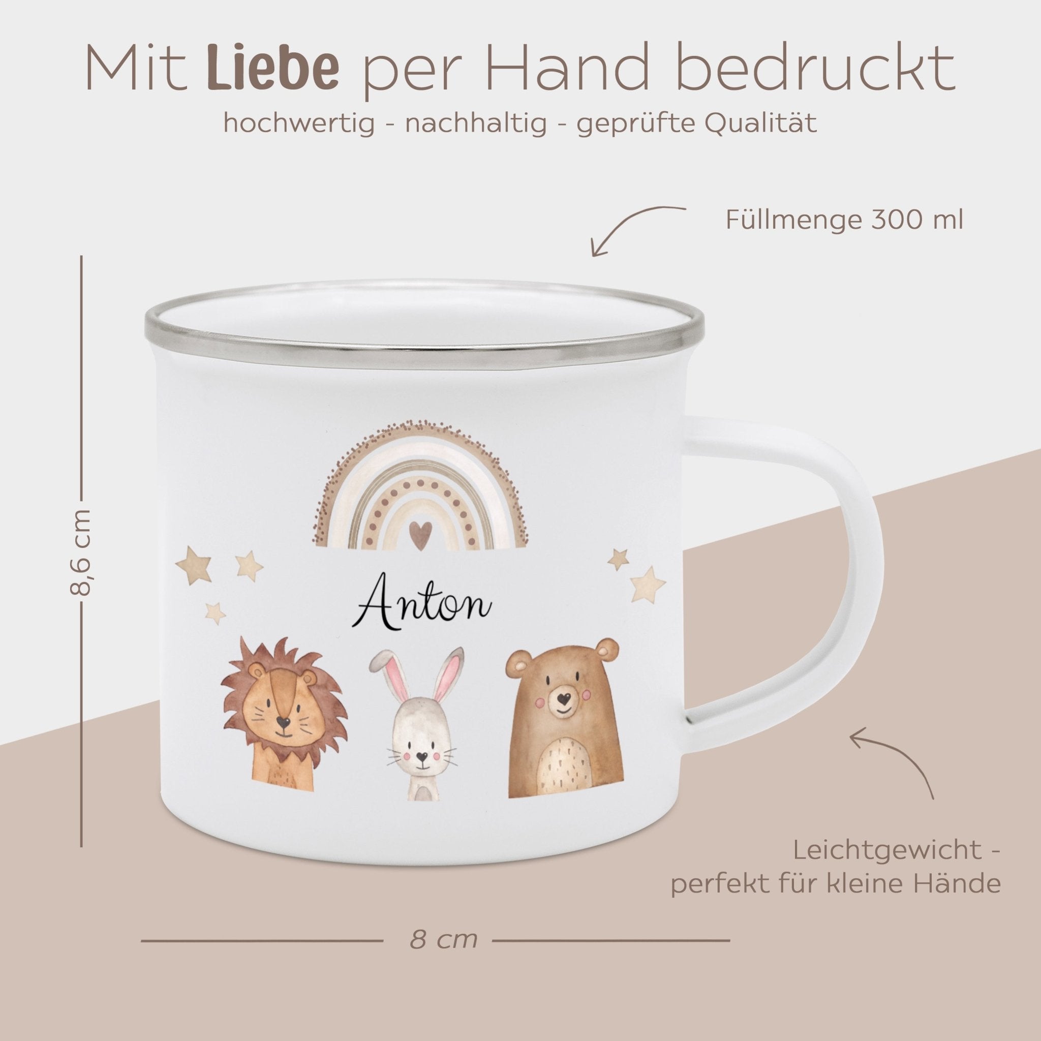 Emaille Kindertasse personalisiert - Tiere Trio Regenbogen Sterne - wunderwunsch
