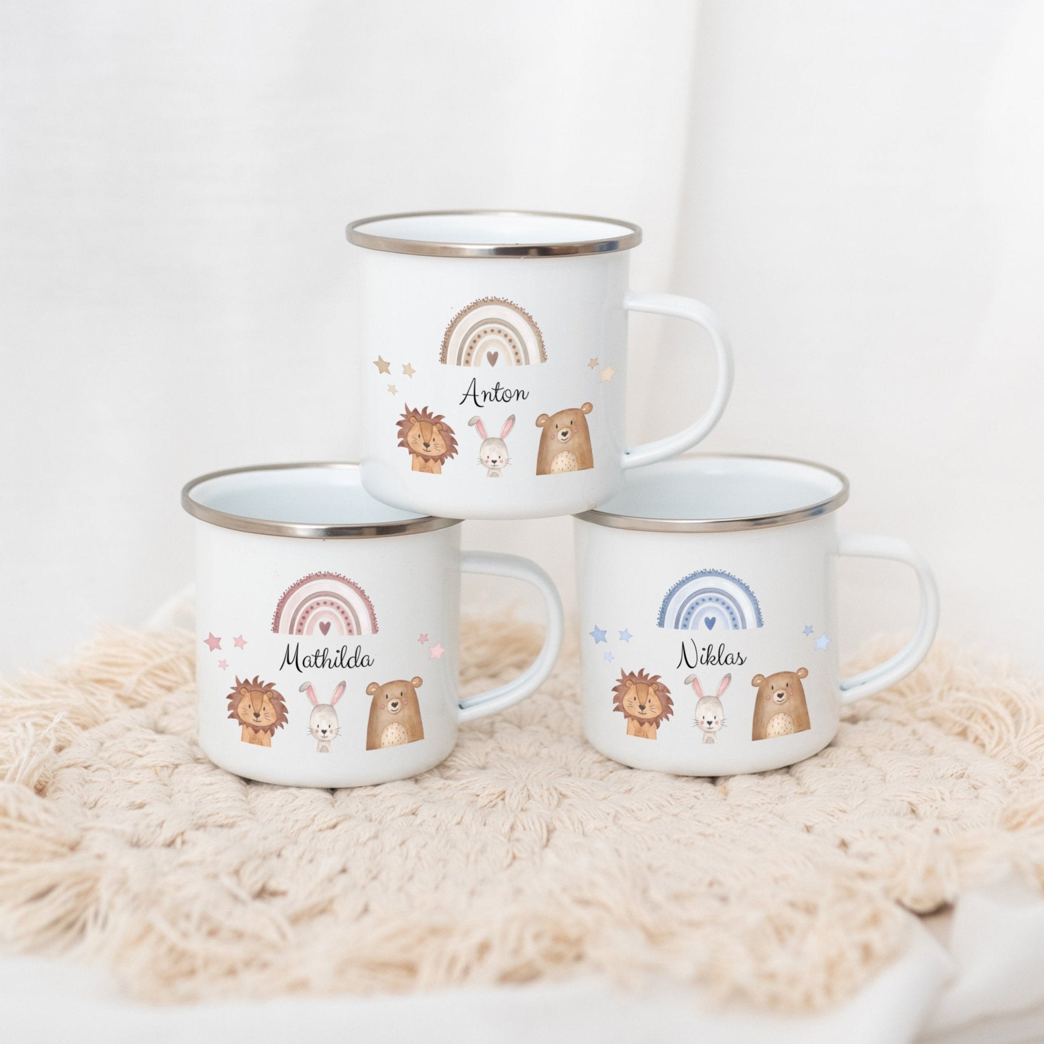Emaille Kindertasse personalisiert - Tiere Trio Regenbogen Sterne - wunderwunsch
