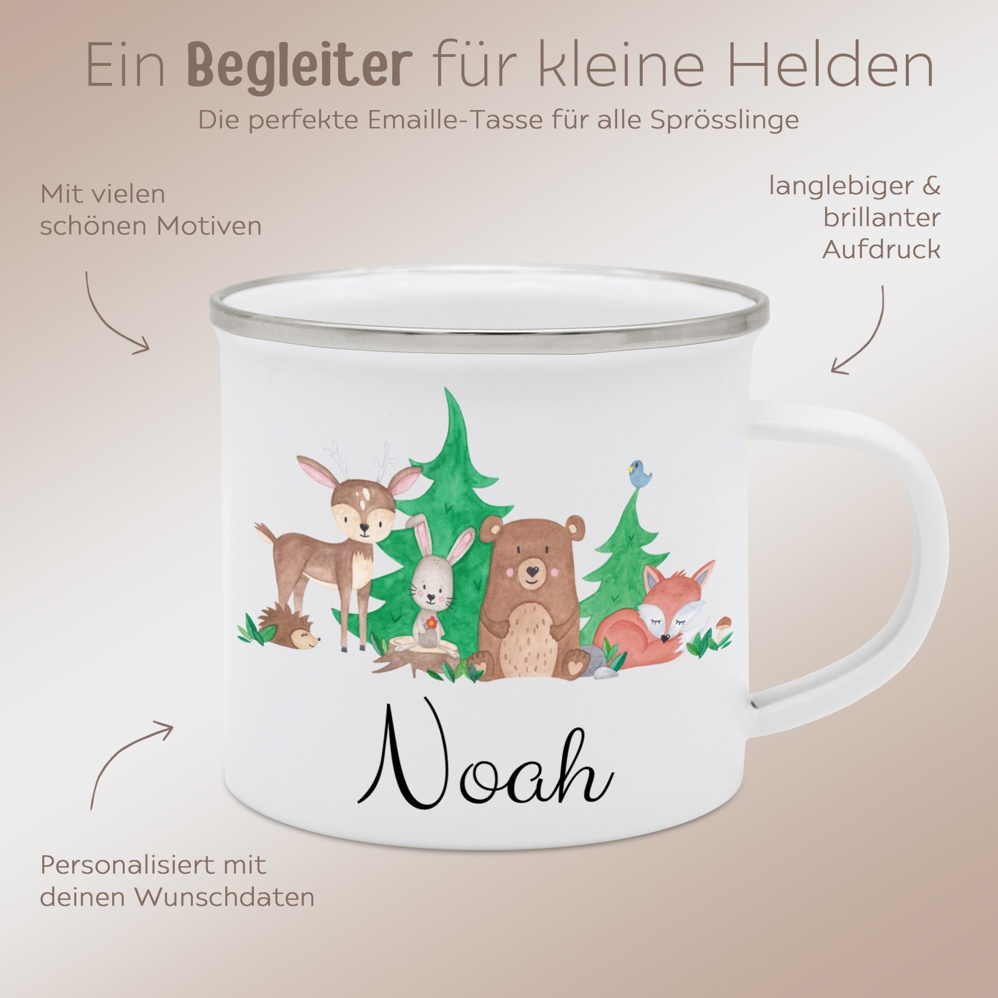 Emaille Kindertasse personalisiert - Waldfreunde Aquarell - wunderwunsch