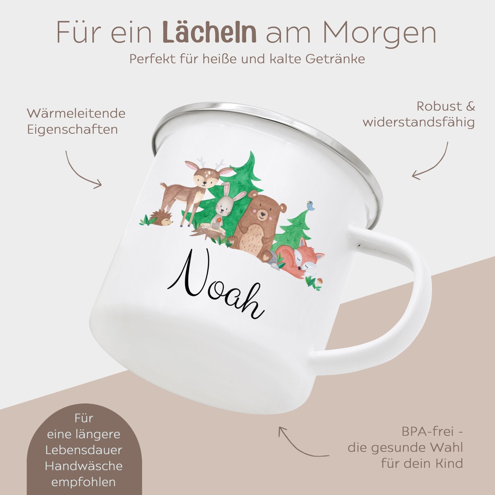 Emaille Kindertasse personalisiert - Waldfreunde Aquarell - wunderwunsch
