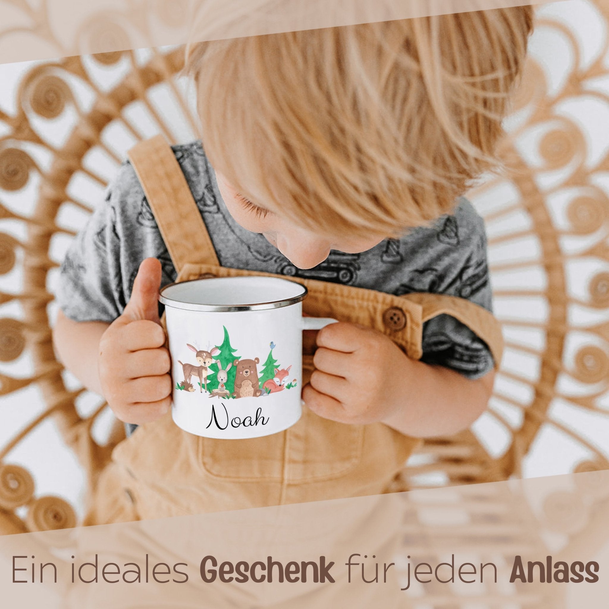 Emaille Kindertasse personalisiert - Waldfreunde Aquarell - wunderwunsch