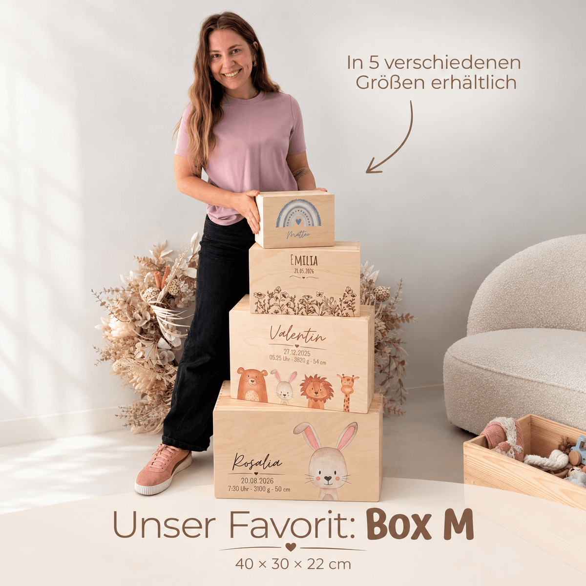 Erinnerungsbox Holz mit Wunschdaten – Tier Aquarell - wunderwunsch