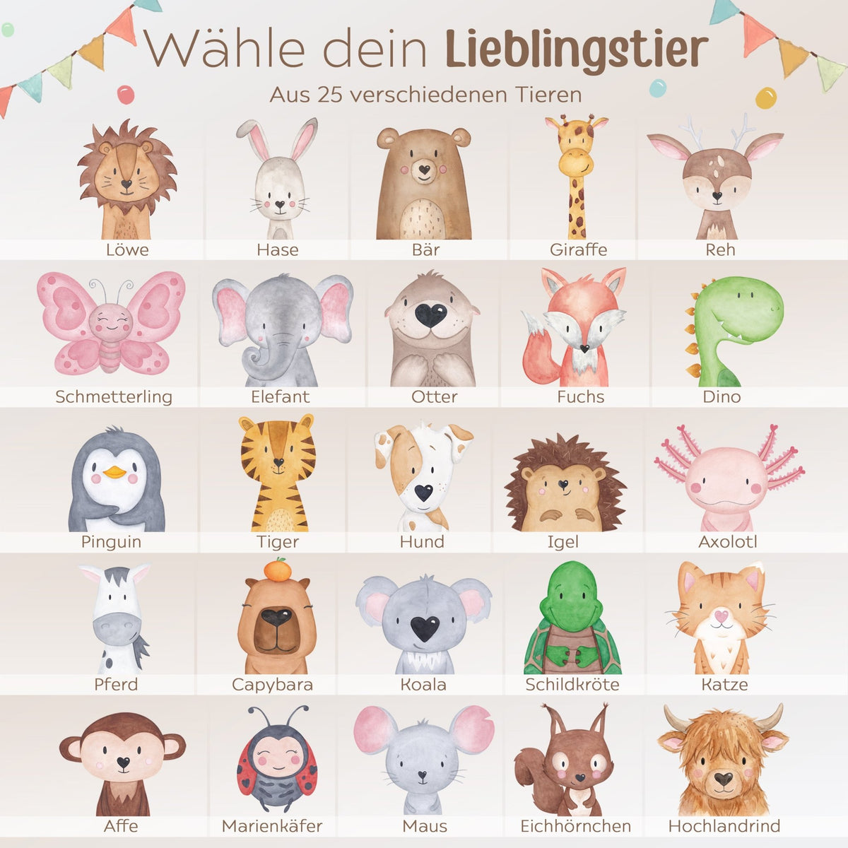 Erinnerungsbox Holz mit Wunschdaten – Tier Girlande Aquarell - wunderwunsch
