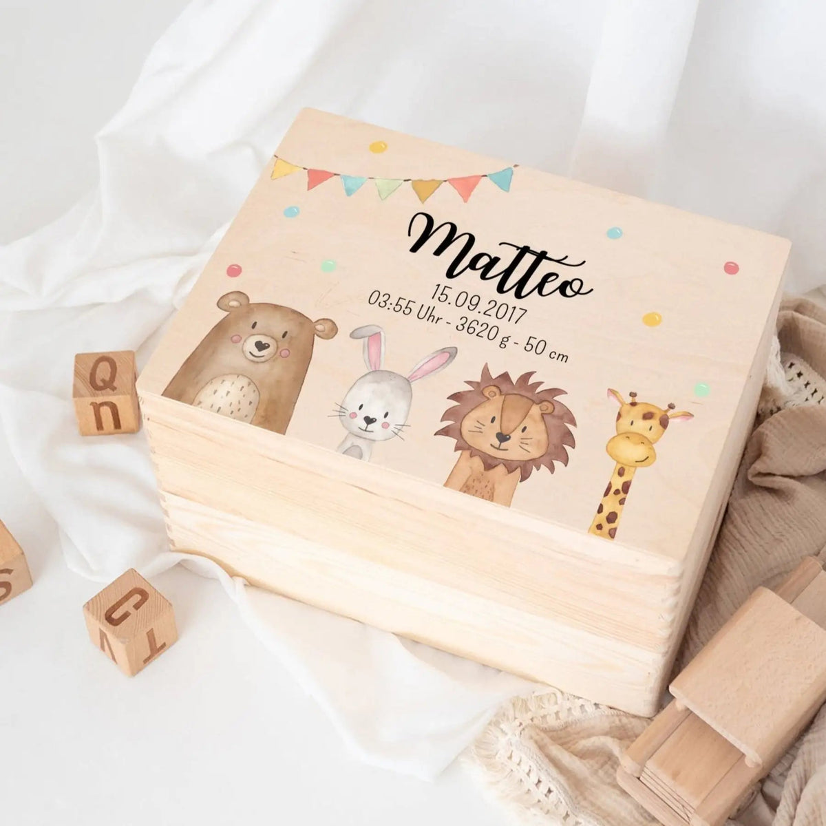 Erinnerungsbox Holz mit Wunschdaten – Tiere unten Girlande Aquarell - wunderwunsch