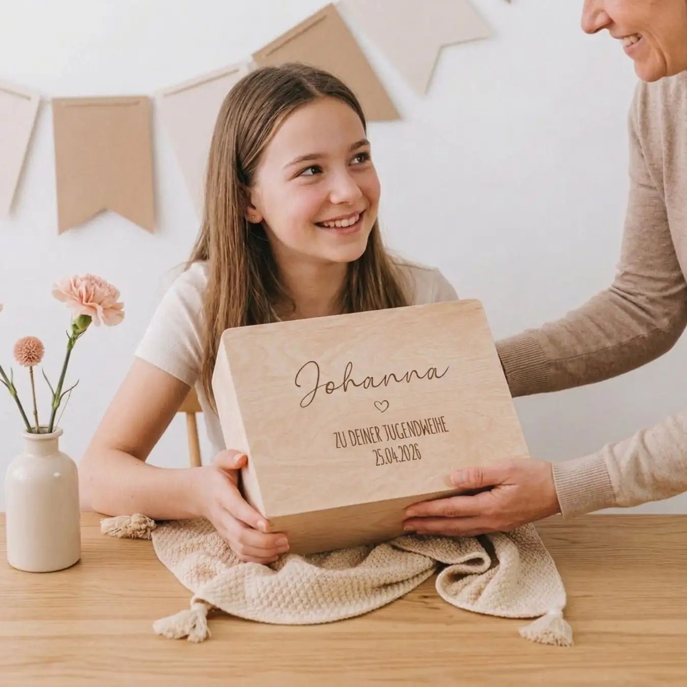 Erinnerungsbox Holz "Zu deiner Jugendweihe" mit Wunschdaten - Herz Gravur - wunderwunsch