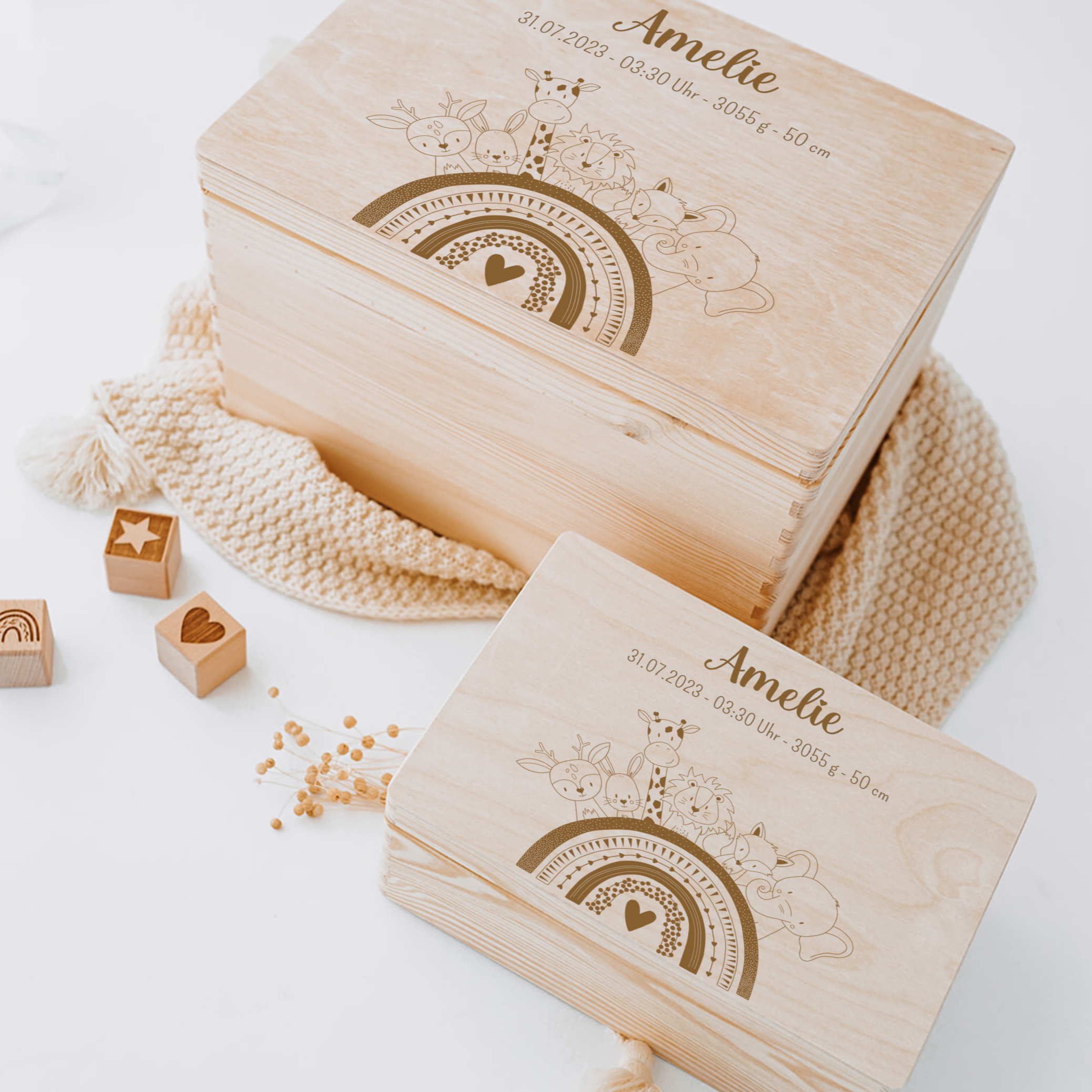 Erinnerungsbox Baby personalisiert - Tiere Regenbogen Gravur