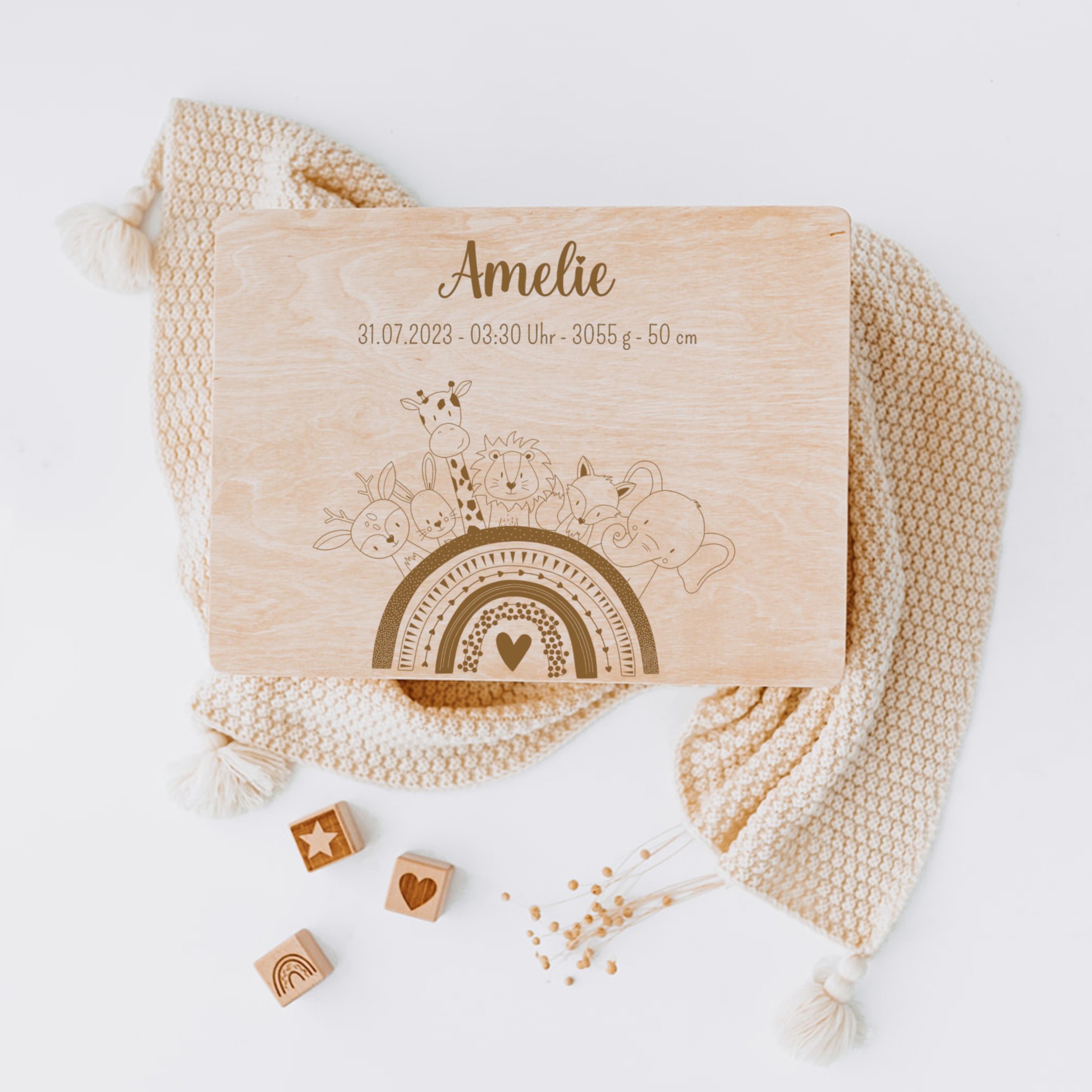Erinnerungsbox Baby personalisiert - Tiere Regenbogen Gravur