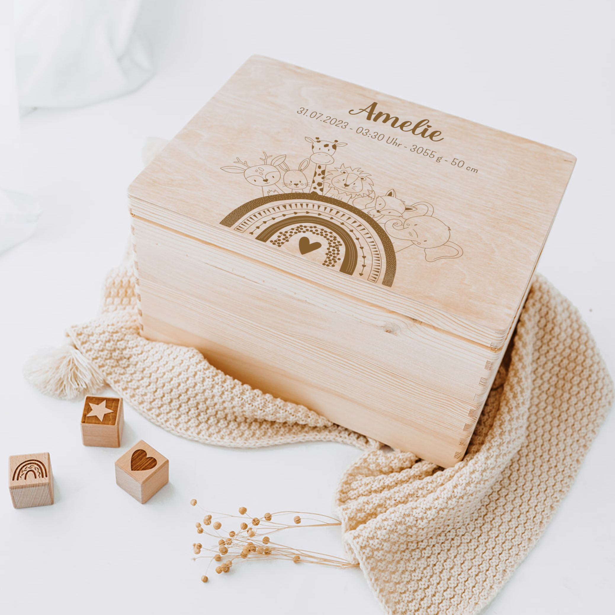 Erinnerungsbox Baby personalisiert - Tiere Regenbogen Gravur