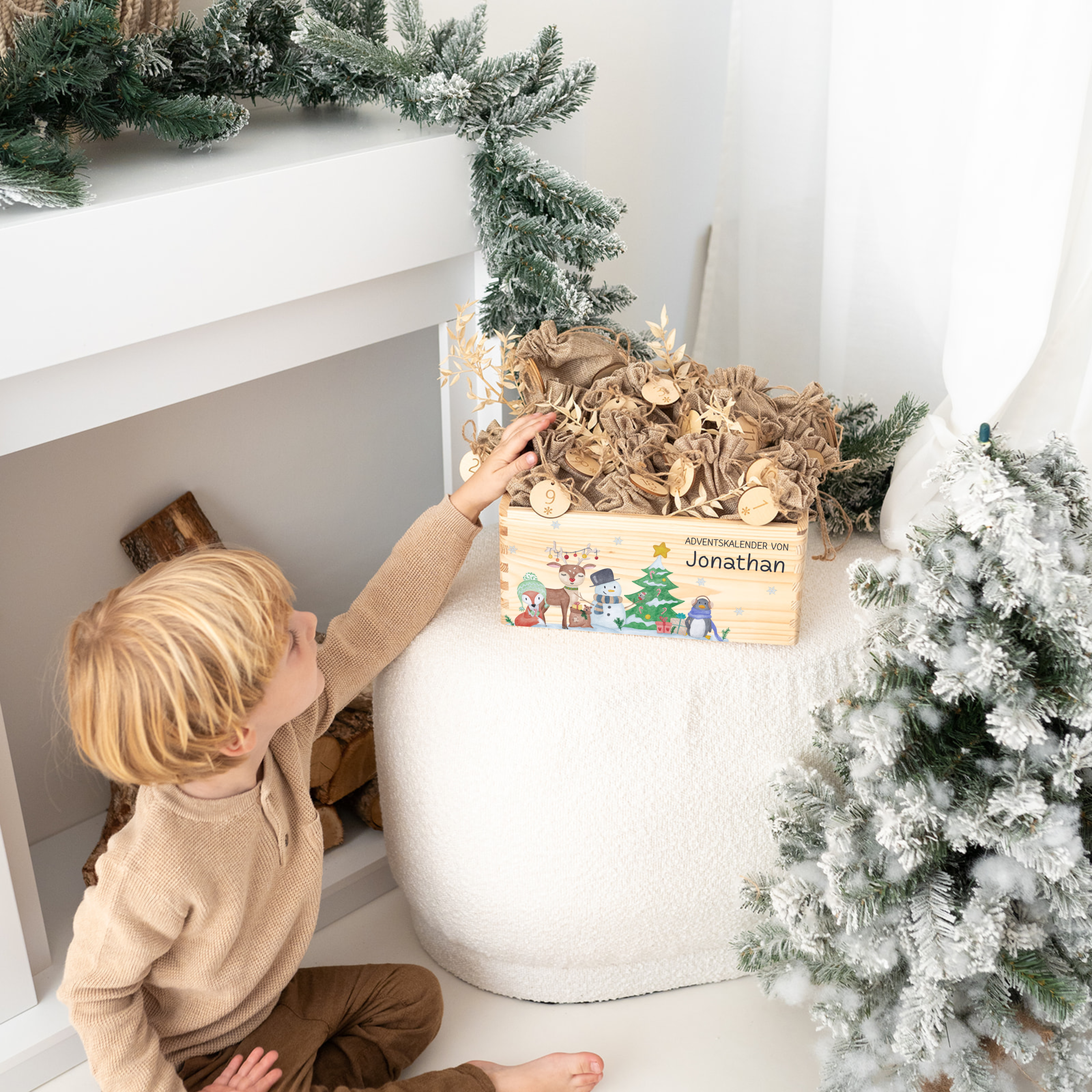 Adventskiste "Wintertiere Schneemann" personalisiert