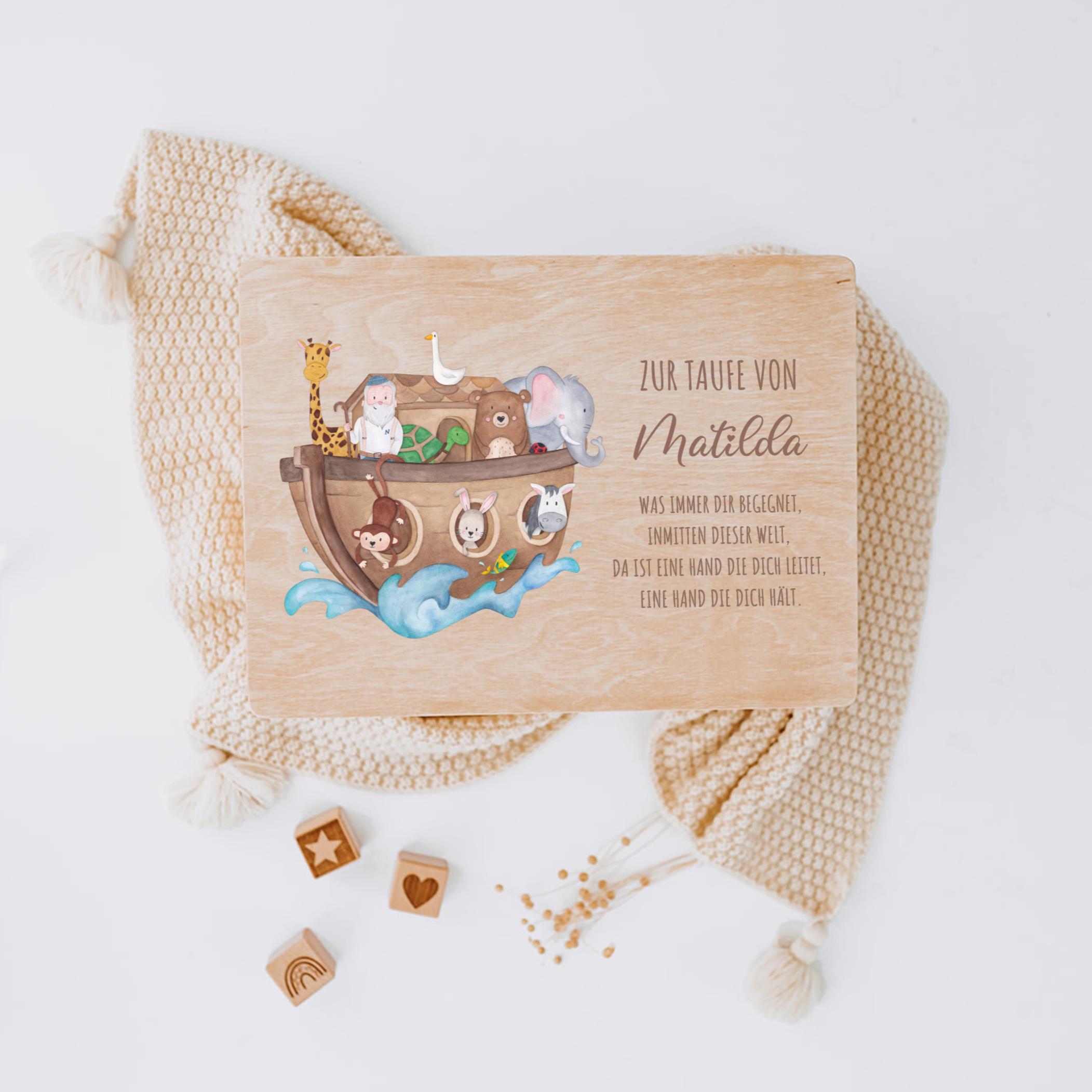 Erinnerungsbox Baby personalisiert - Taufe Arche Noah Tiere Aquarell