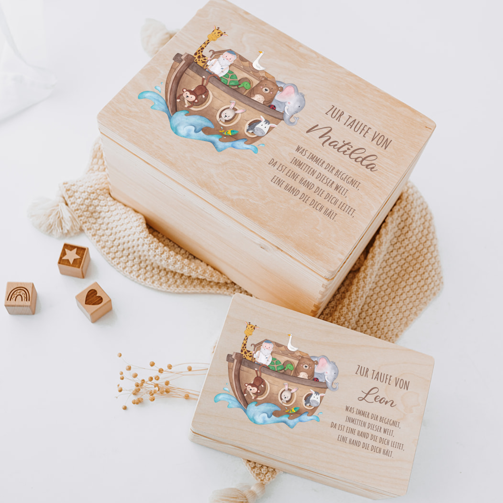 Erinnerungsbox Baby personalisiert - Taufe Arche Noah Tiere Aquarell