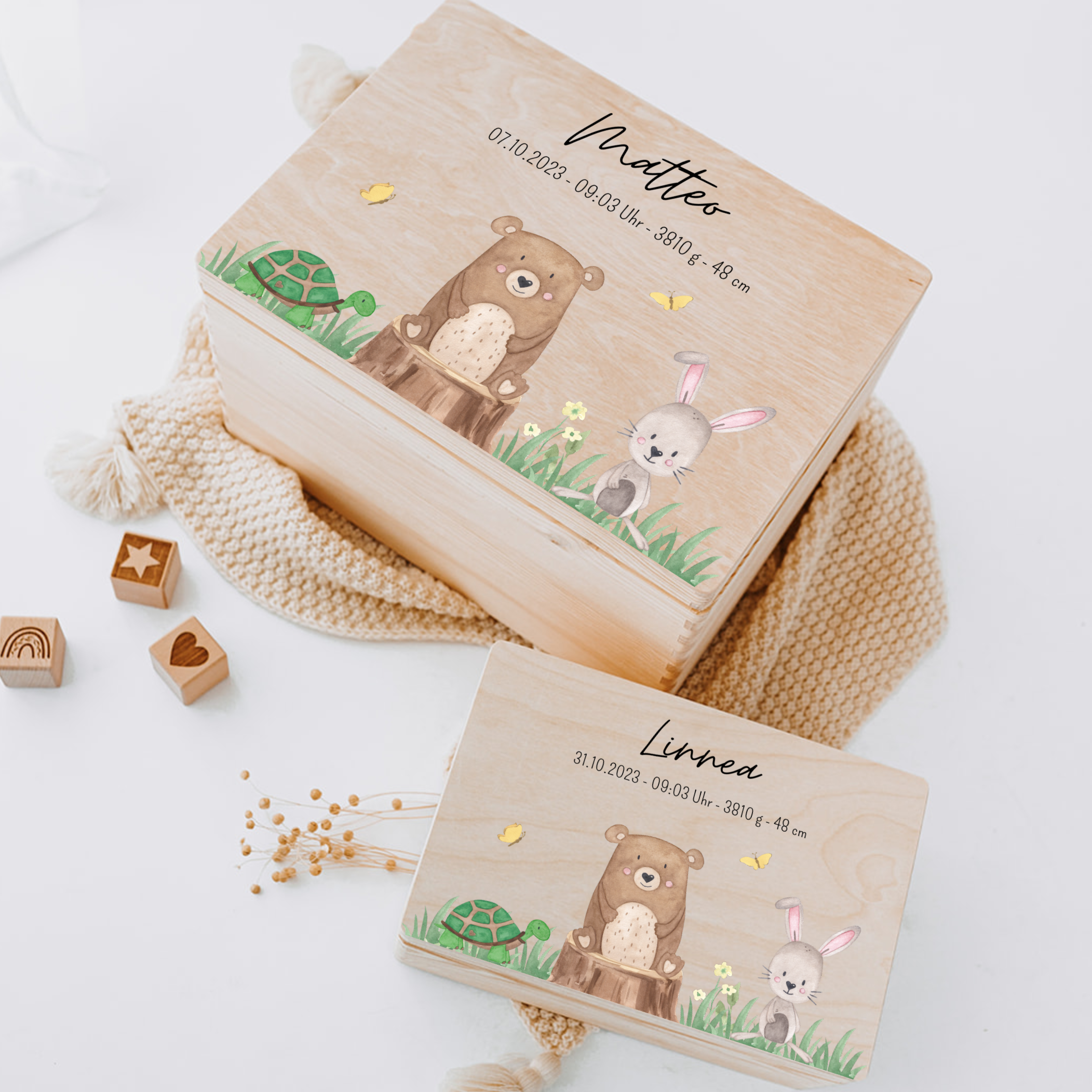 Erinnerungsbox Baby personalisiert - Bär auf Baumstamm Aquarell