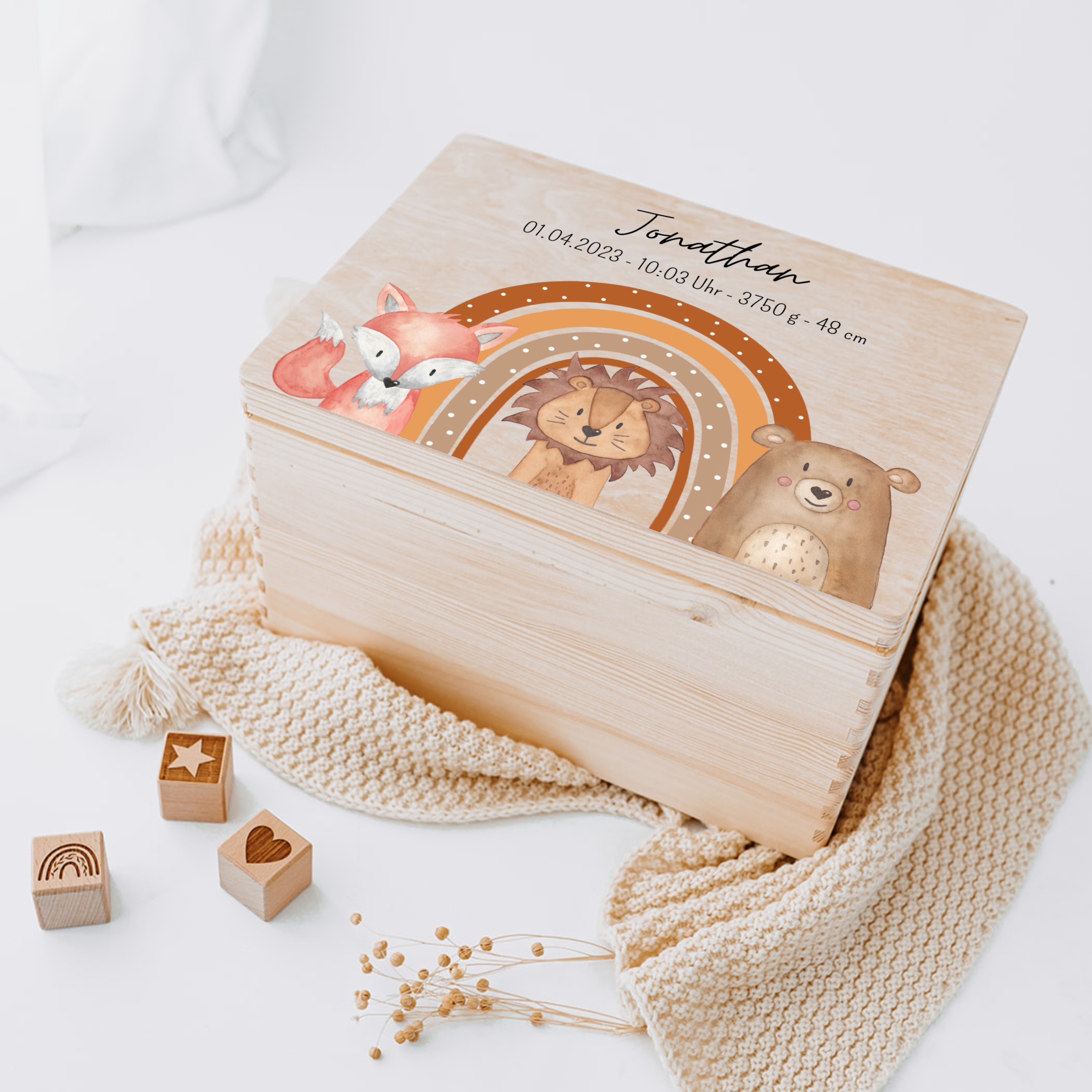 Erinnerungsbox Baby personalisiert - Fuchs, Löwe, Bär Regenbogen