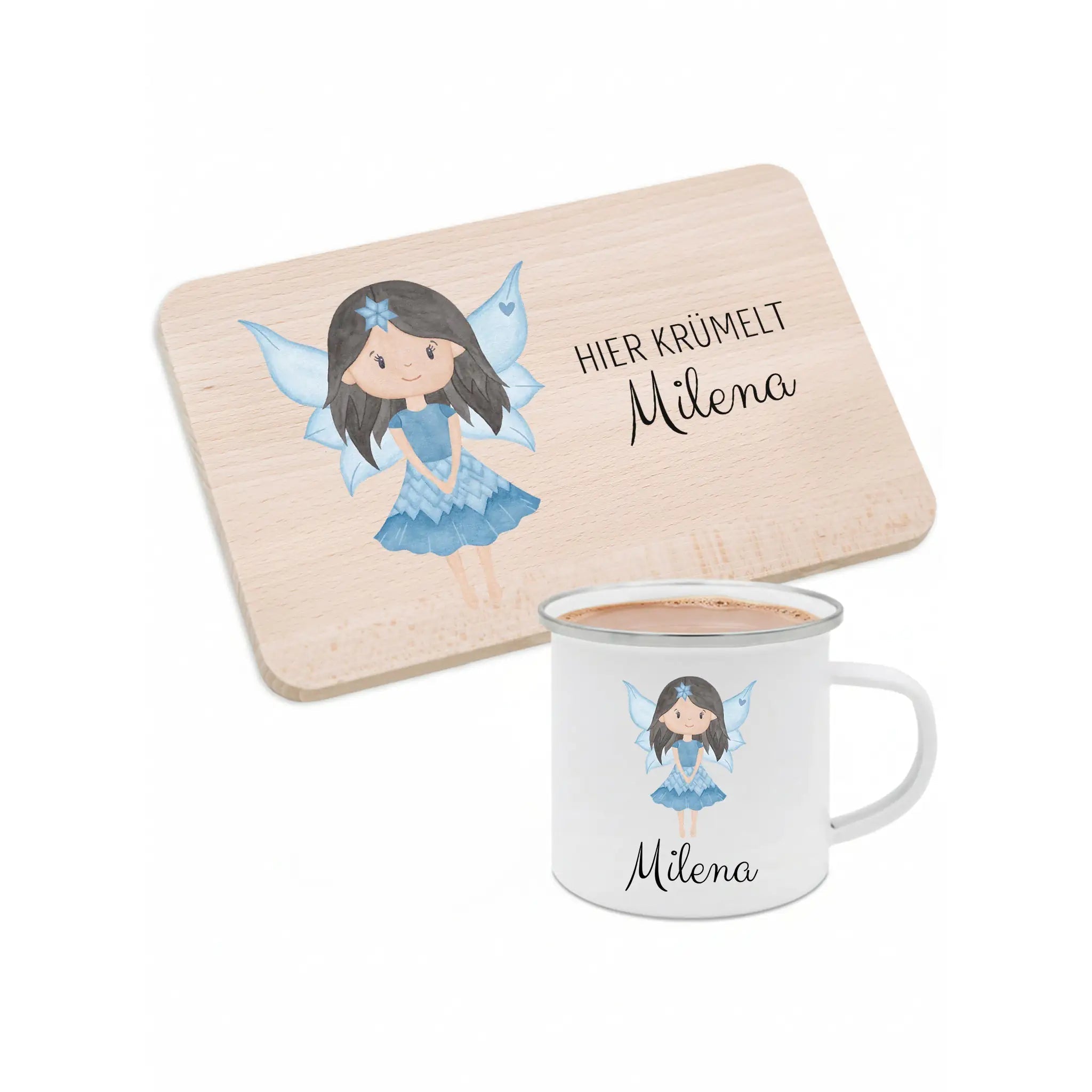 Frühstücks Bundle - Frühstücksbrettchen + Emaille Tasse personalisiert - Fee Aquarell - wunderwunsch