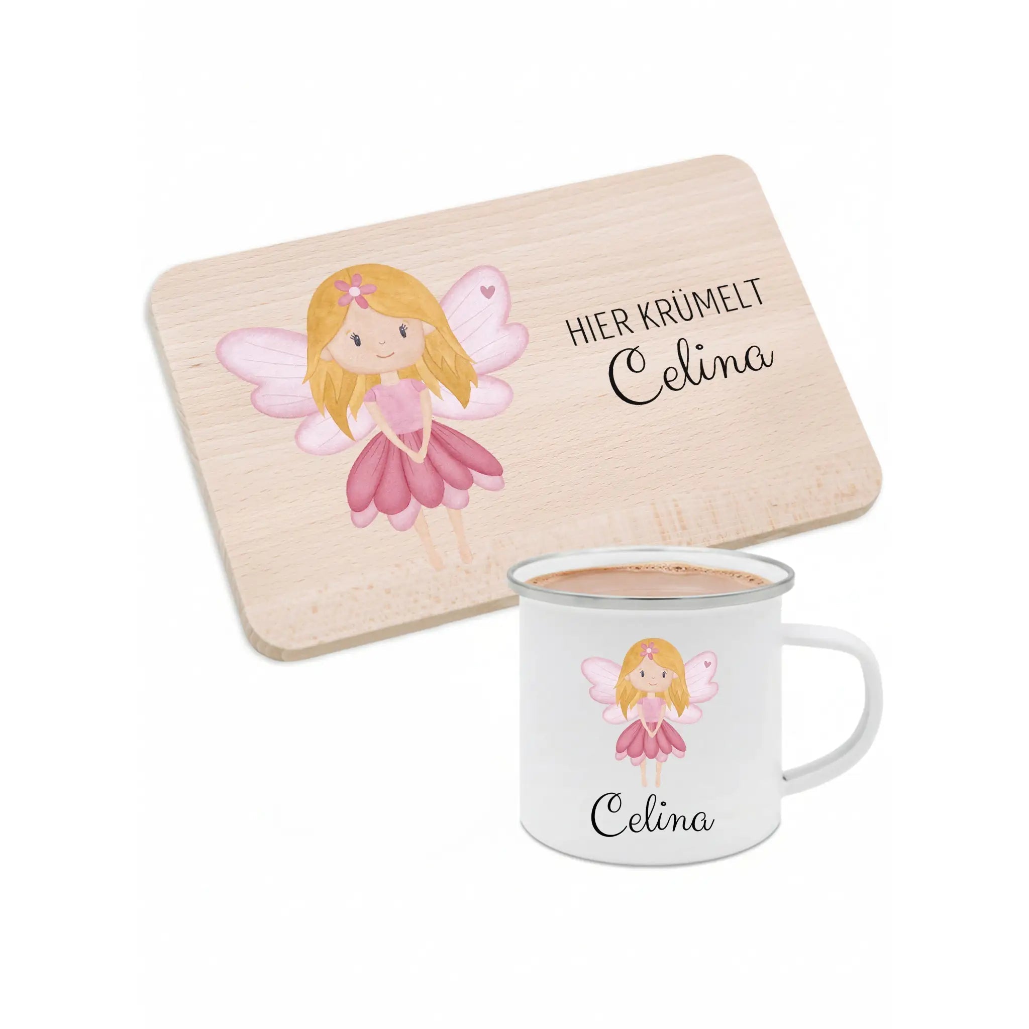 Frühstücks Bundle - Frühstücksbrettchen + Emaille Tasse personalisiert - Fee Aquarell - wunderwunsch