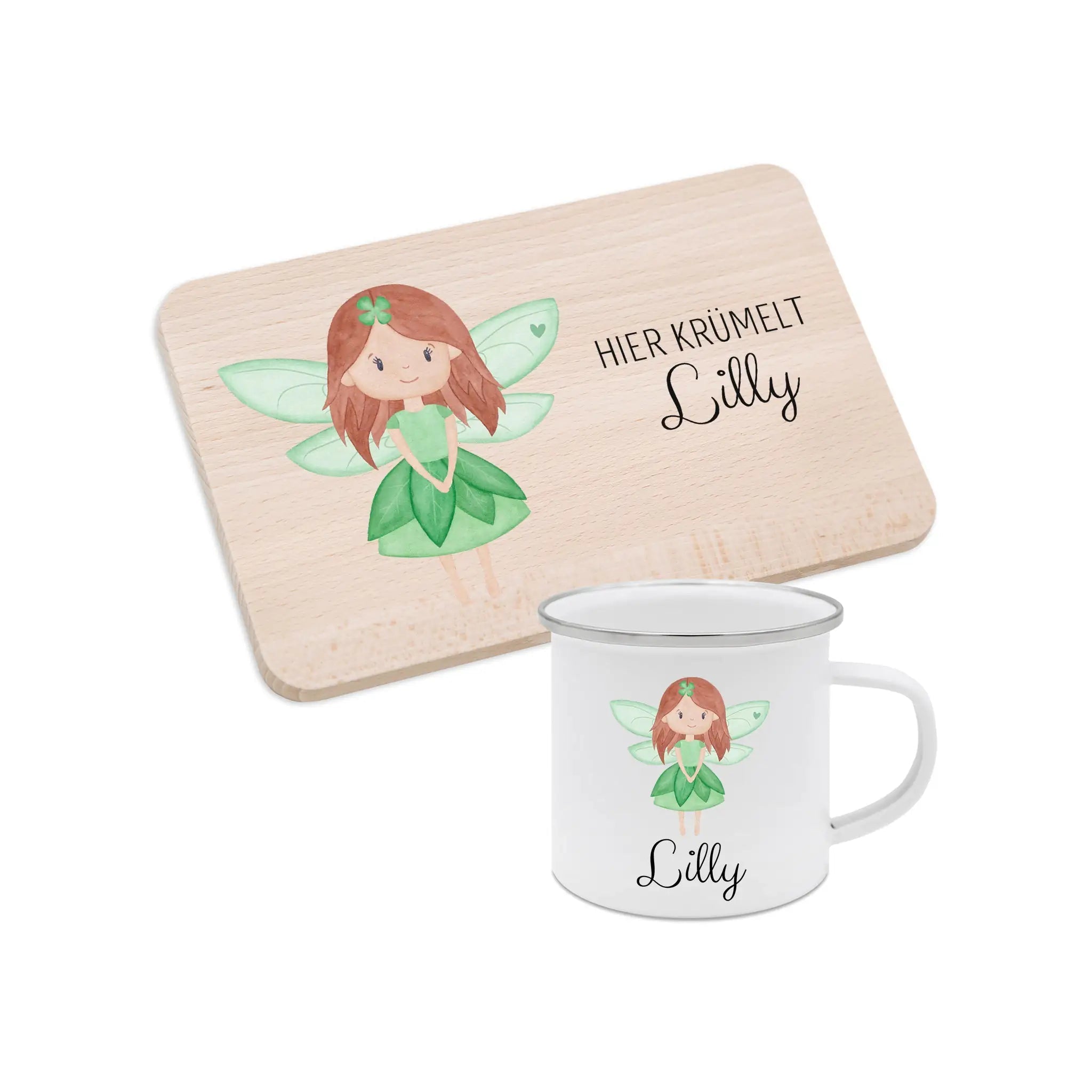 Frühstücks Bundle - Frühstücksbrettchen + Emaille Tasse personalisiert - Fee Aquarell - wunderwunsch