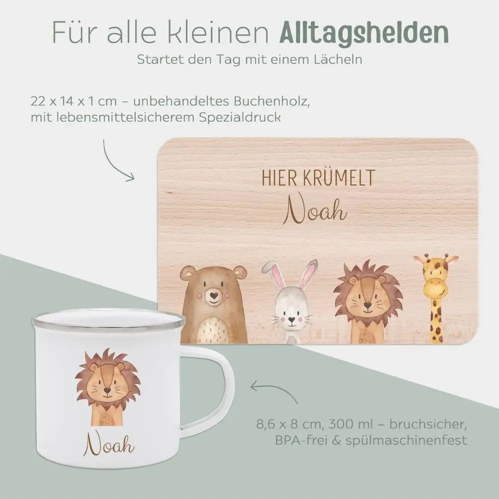 Frühstücks Bundle - Frühstücksbrettchen + Emaille Tasse personalisiert - Tiere unten Aquarell - wunderwunsch