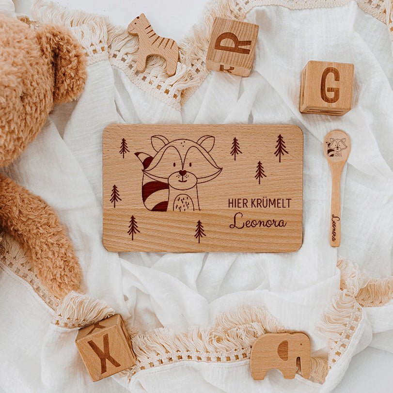 Frühstücksbrettchen mit Kinderlöffel personalisiert - Tier Wald Gravur - wunderwunsch